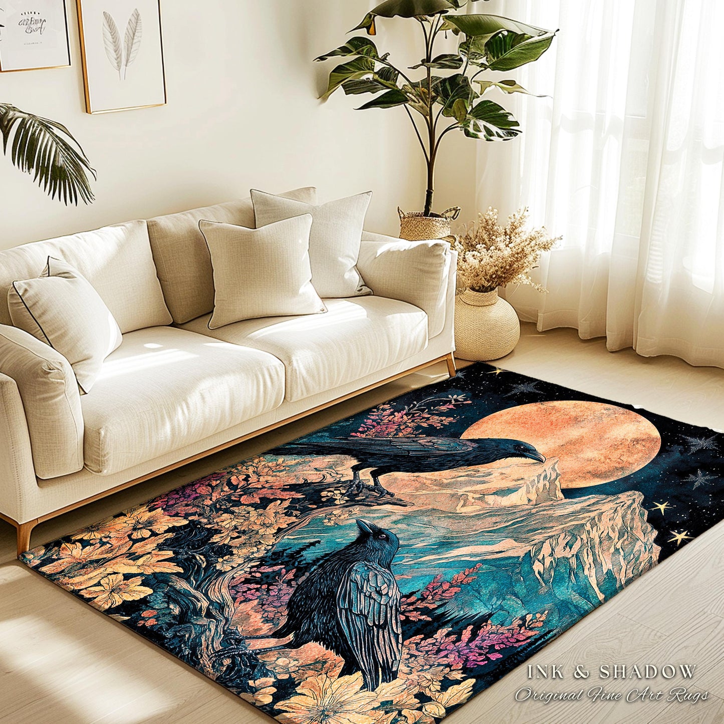 Moonrise Crow Celestial Area Rug | Celestial Woodland Gothic Maximalist Crowcore Bedroom Decor Aesthetic Botanical Room Victorian Raven |
