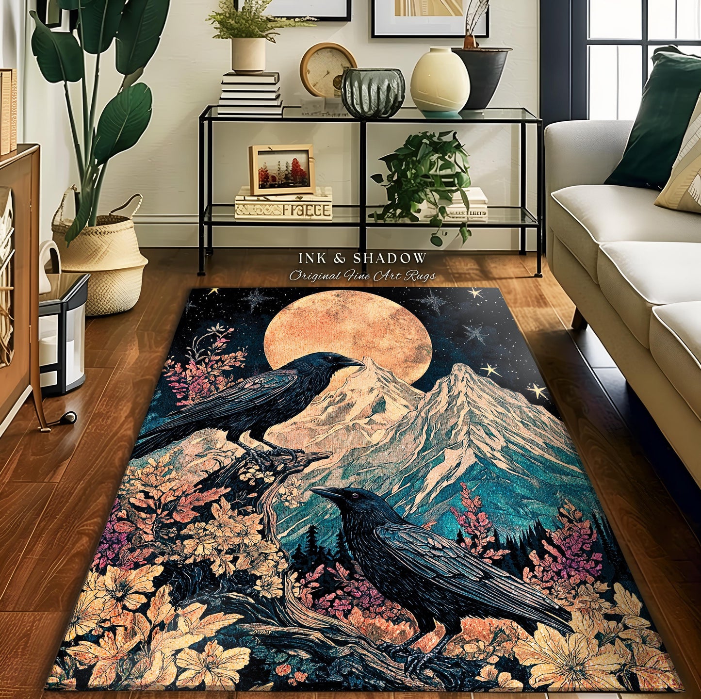 Moonrise Crow Celestial Area Rug | Celestial Woodland Gothic Maximalist Crowcore Bedroom Decor Aesthetic Botanical Room Victorian Raven |