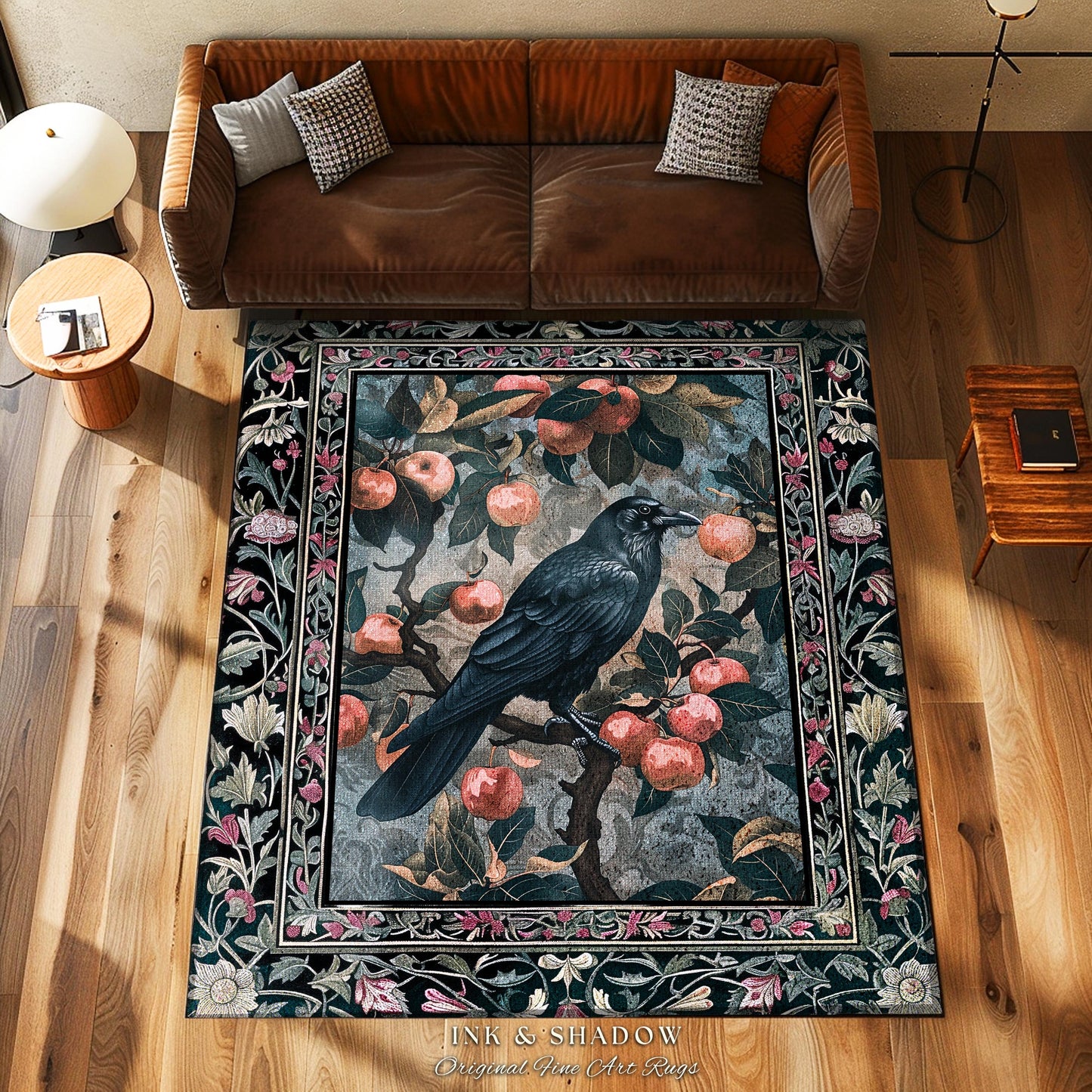 Dark Cottagecore Raven Accent Rug | Woodland Gothic Dark Maximalist Ethereal Bedroom Decor Aesthetic Botanical Room Victorian Gothic Artwork
