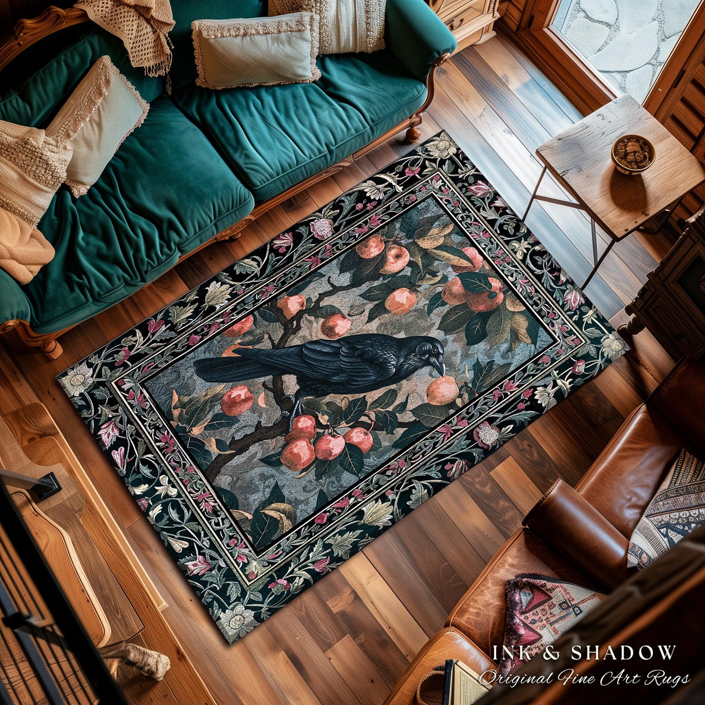 Dark Cottagecore Raven Accent Rug | Woodland Gothic Dark Maximalist Ethereal Bedroom Decor Aesthetic Botanical Room Victorian Gothic Artwork