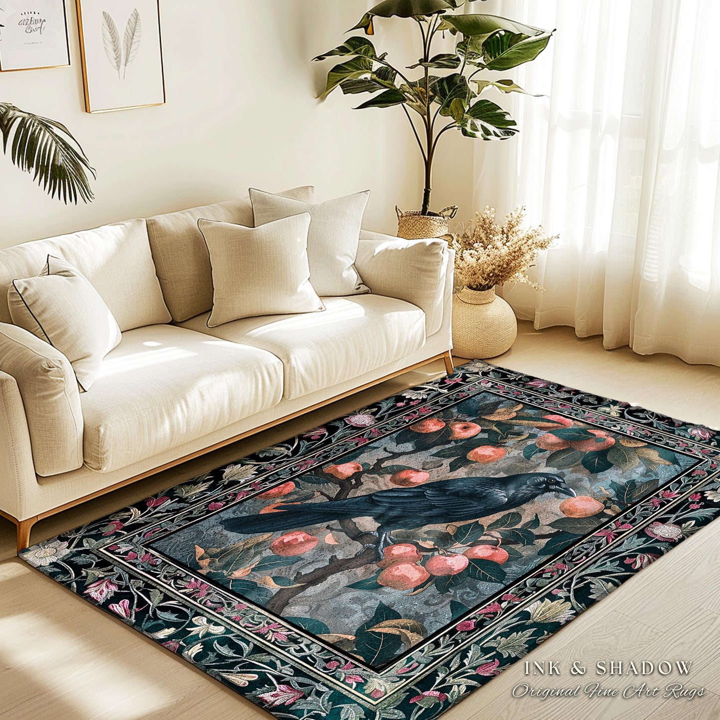 Dark Cottagecore Raven Accent Rug | Woodland Gothic Dark Maximalist Ethereal Bedroom Decor Aesthetic Botanical Room Victorian Gothic Artwork