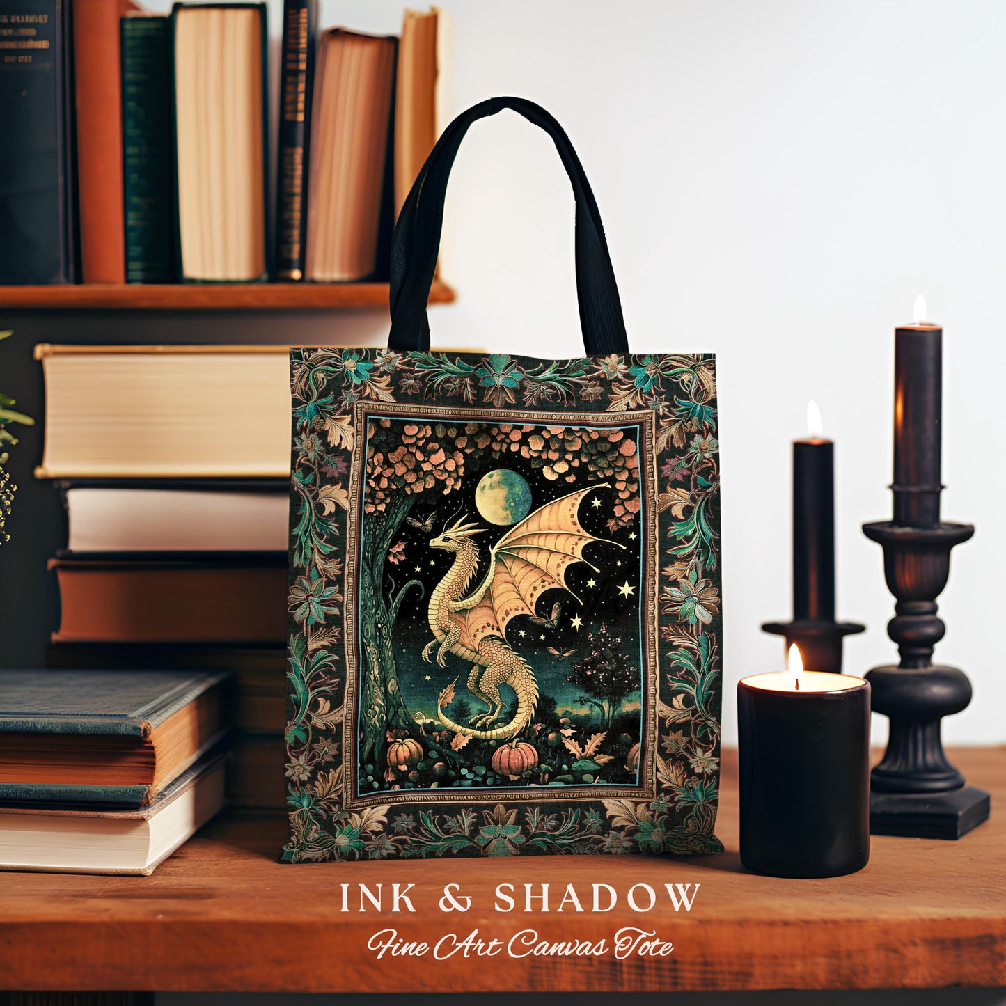 Witchy Whimsigothic Enchanted Night Moonlit Mystic Dragon Tote Celestial Fairytale Tapestry Bag, Mythical Fantasy Forestcore Art Decor Gift