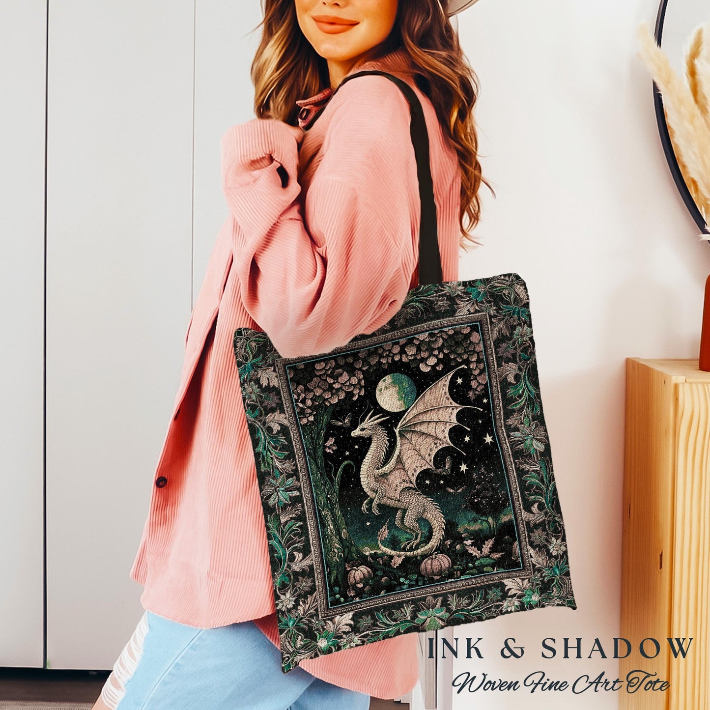 Witchy Whimsigothic Enchanted Night Moonlit Mystic Dragon Tote Celestial Fairytale Tapestry Bag, Mythical Fantasy Forestcore Art Decor Gift