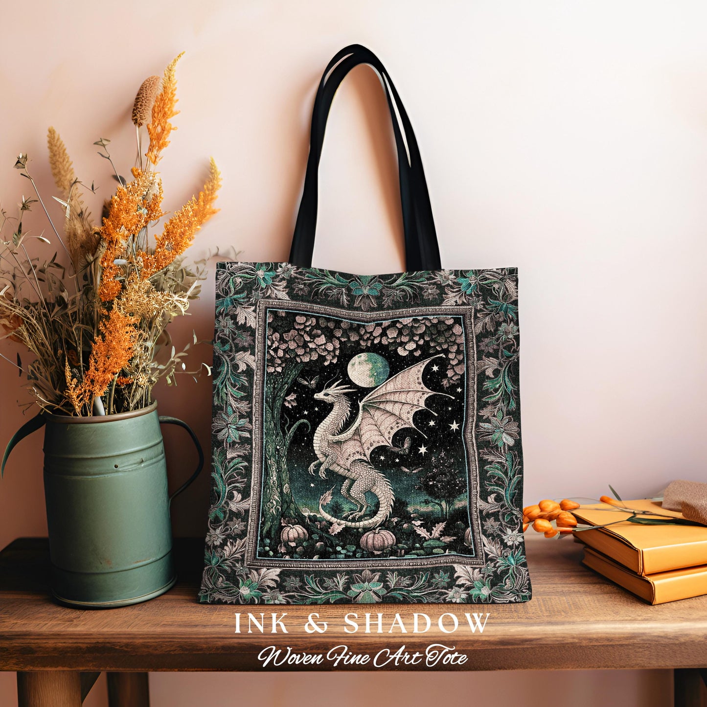 Witchy Whimsigothic Enchanted Night Moonlit Mystic Dragon Tote Celestial Fairytale Tapestry Bag, Mythical Fantasy Forestcore Art Decor Gift