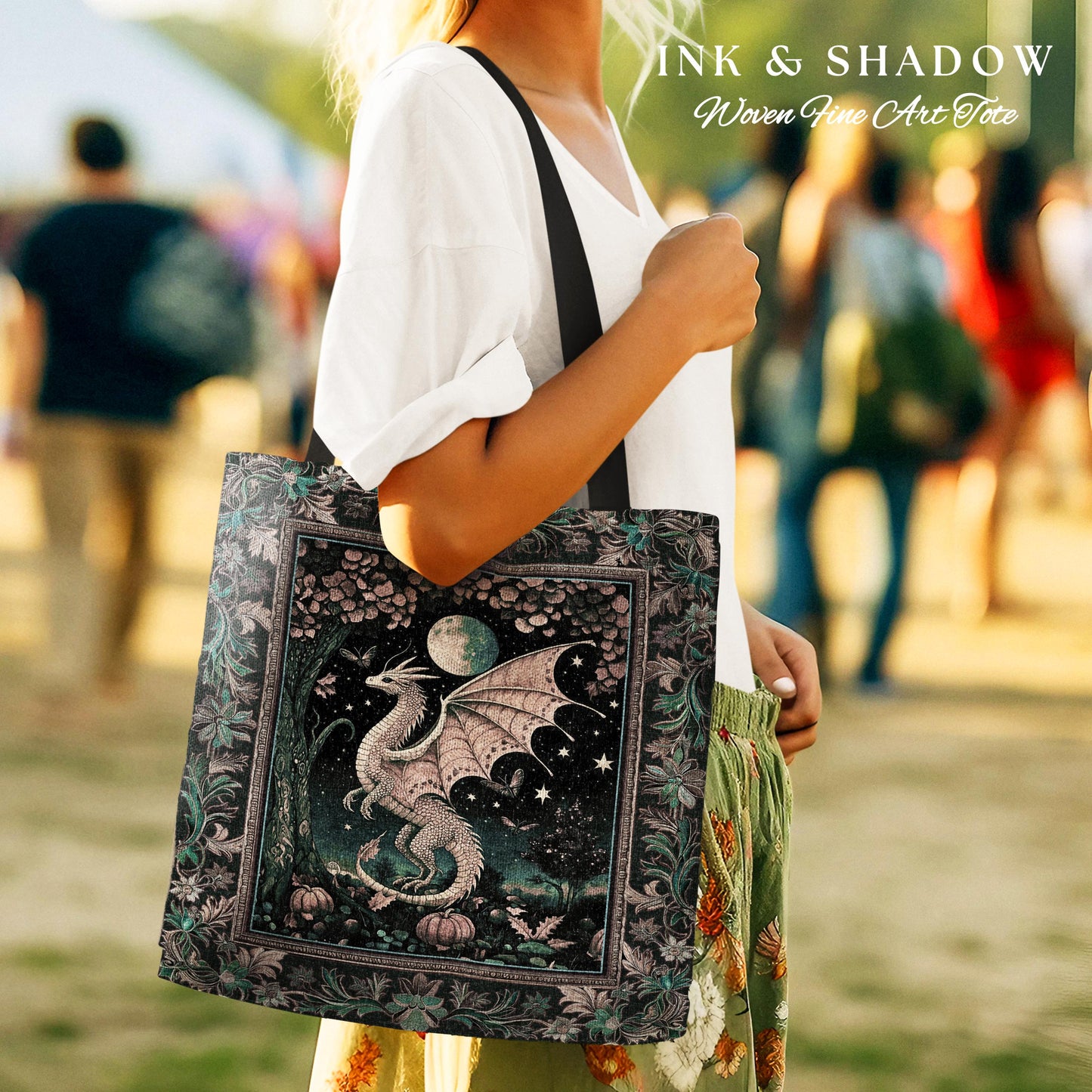 Witchy Whimsigothic Enchanted Night Moonlit Mystic Dragon Tote Celestial Fairytale Tapestry Bag, Mythical Fantasy Forestcore Art Decor Gift