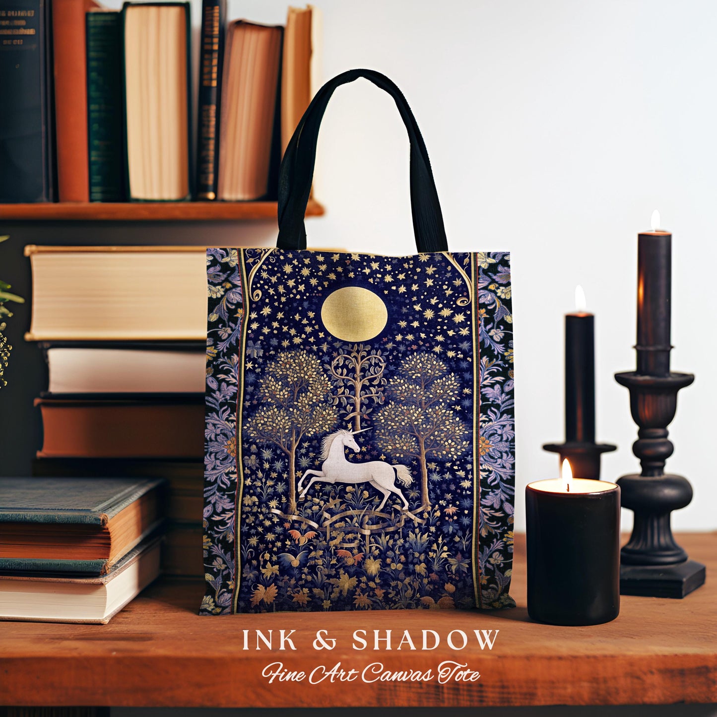 Medieval Fairytale Unicorn Tote | Gothic Whimsical Eclectic Fairycore Woven Tote Bag Victorian Gothic Dark Floral Decor French Baroque Art |