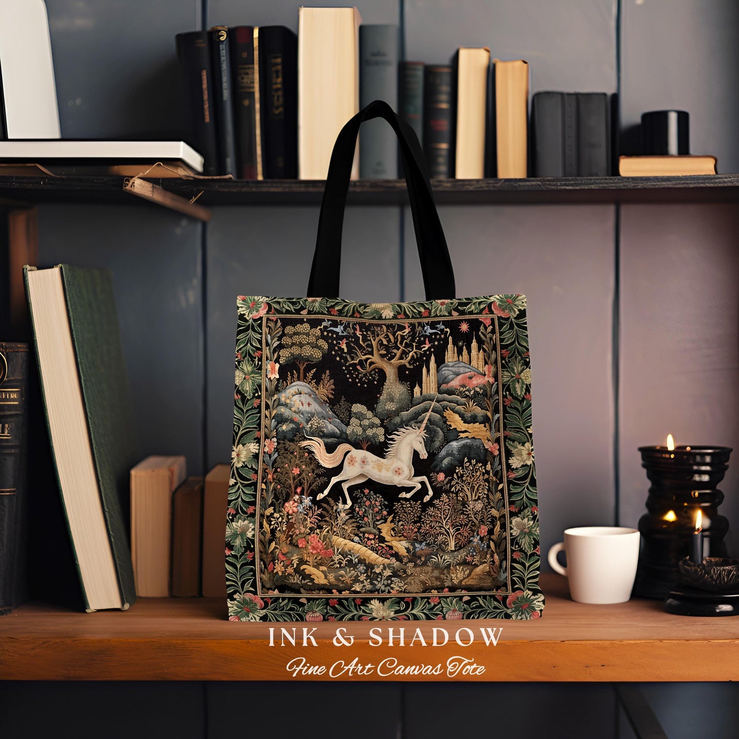 Fairytale Unicorn Tapestry Tote Mystical Folklore Aesthetic Whimsical Forestcore Accessory, Fairycore Cottagecore Magic Woodland Woven Bag