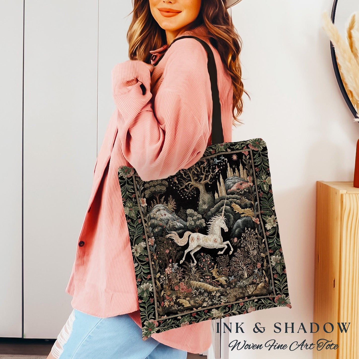 Fairytale Unicorn Tapestry Tote Mystical Folklore Aesthetic Whimsical Forestcore Accessory, Fairycore Cottagecore Magic Woodland Woven Bag