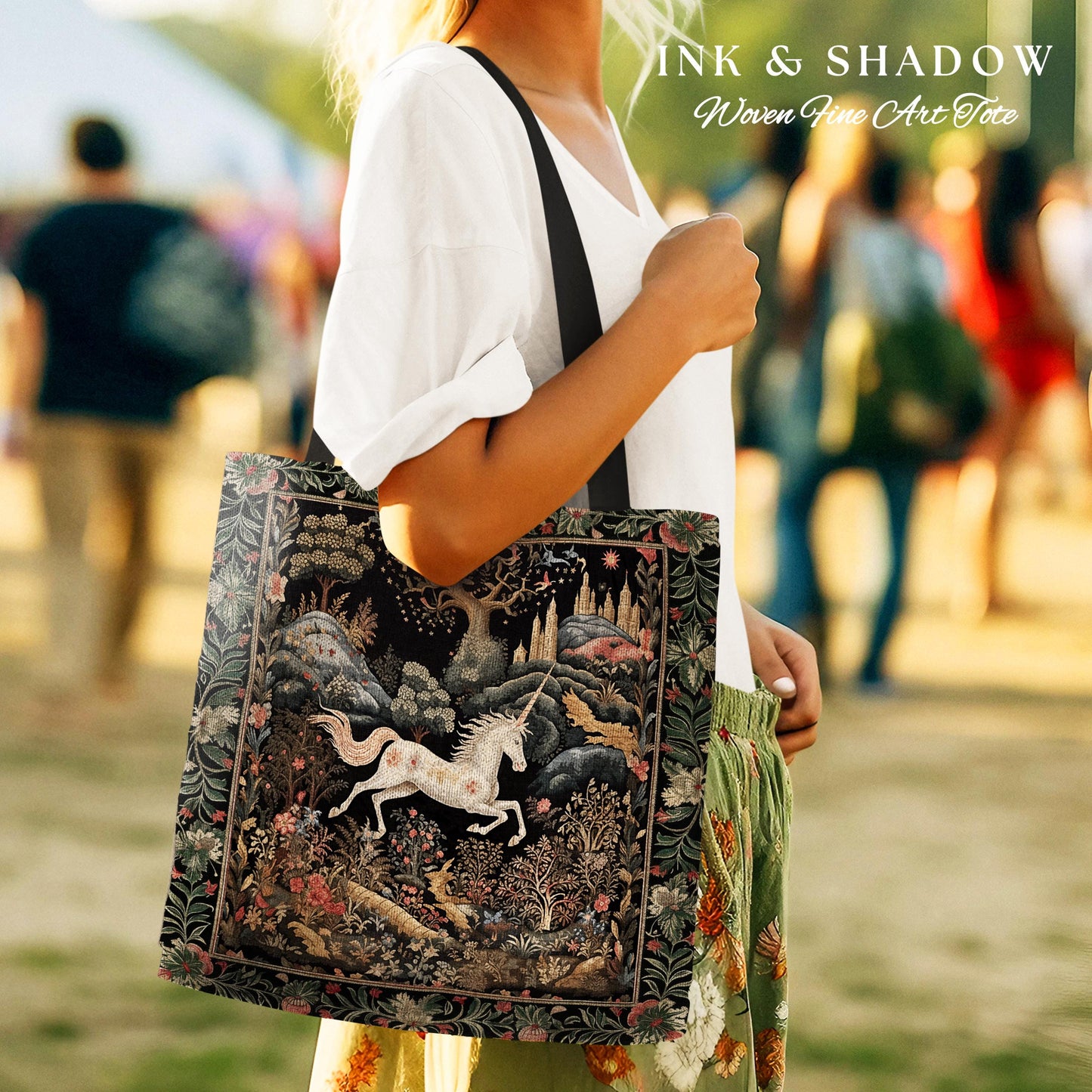 Fairytale Unicorn Tapestry Tote Mystical Folklore Aesthetic Whimsical Forestcore Accessory, Fairycore Cottagecore Magic Woodland Woven Bag