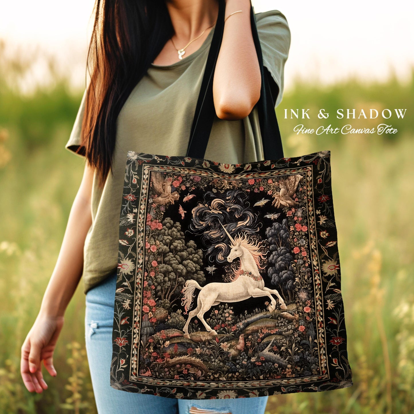 Enchanted Unicorn Woven Tote Fairytale Art Aesthetic Cottagecore Mystical Art Nouveau Tapestry Bag, Woodland Fantasy Fairycore Accessories