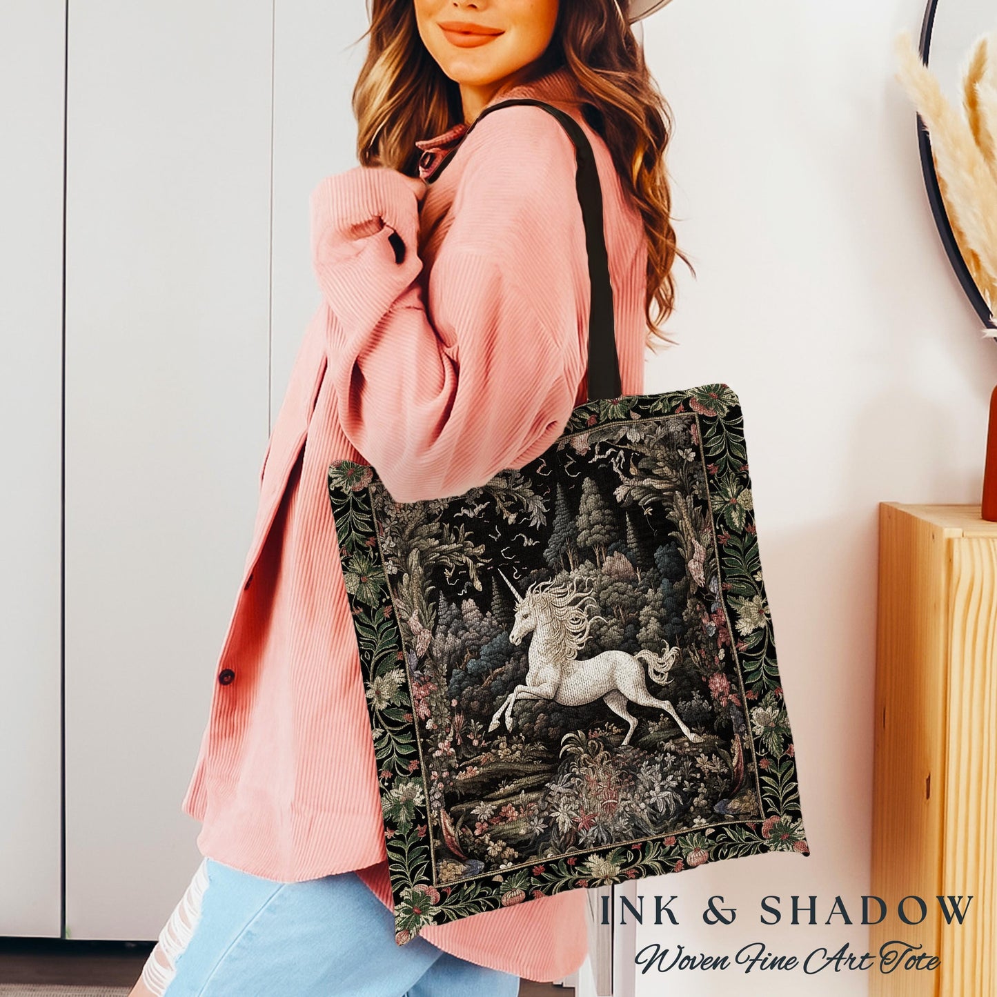 Whimsical Folklore Unicorn Tote Mystical Botanical Cottagecore Accessory, Morris Style Fairycore Art Princesscore Style Woven Tapestry Bag