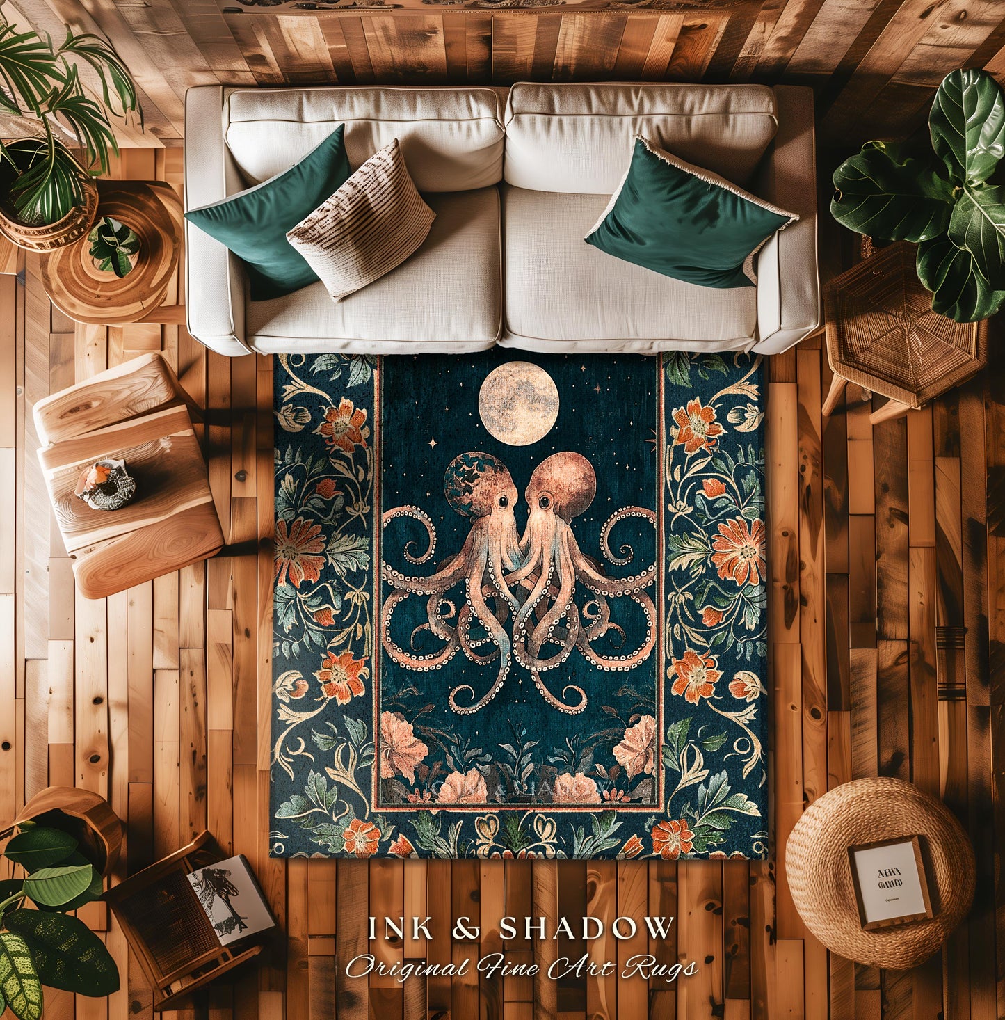Moonlit Ocean Aesthetic Octopus Rug | Underwater Theme Ocean Aesthetic Eclectic Oddities Whimsical Area Rug Magical Ethereal Sea Life Accent