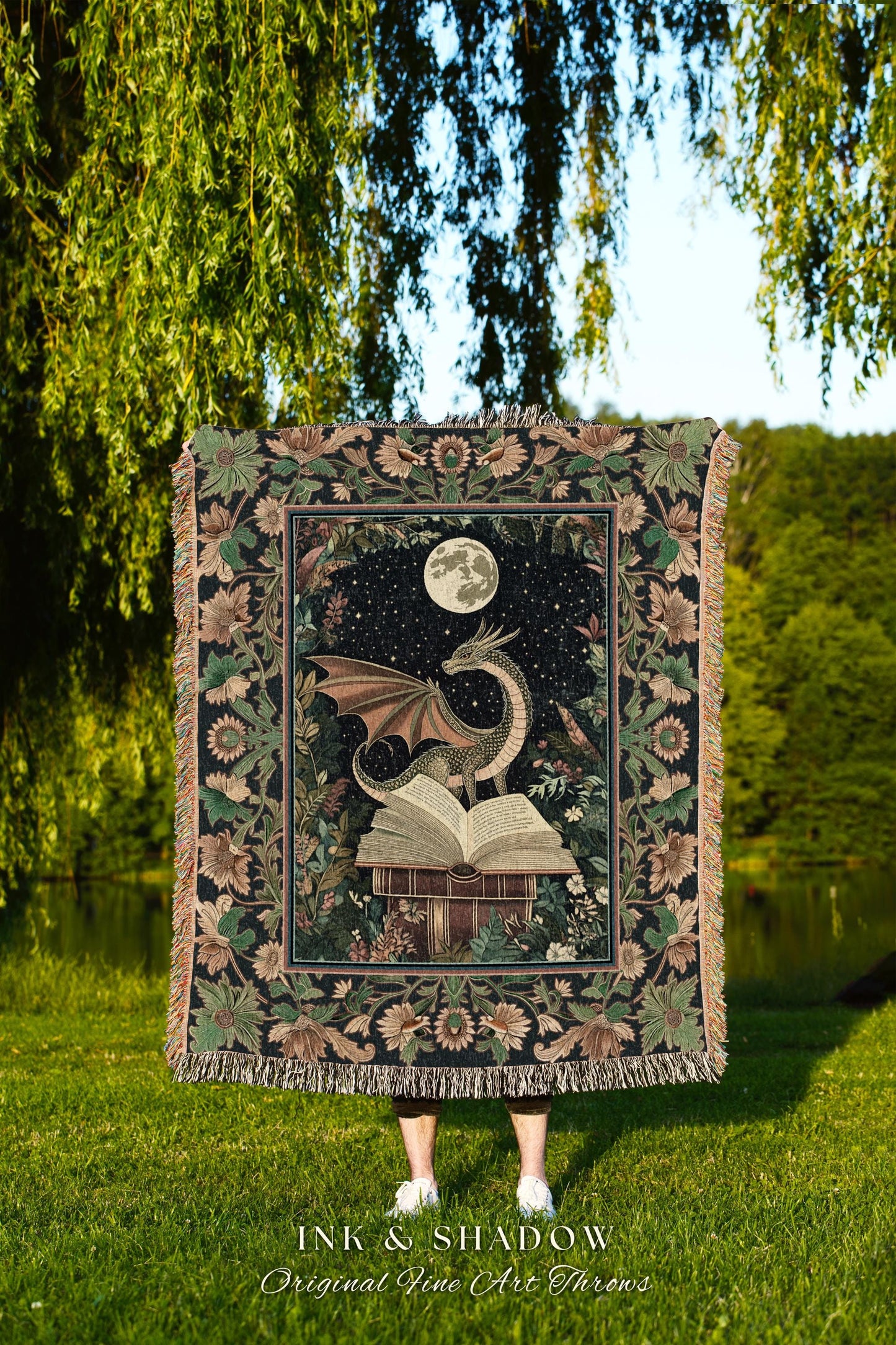 Fantasy Dragon Blanket Woven Tapestry | Moonlit Library Dark Victorian Floral Woodland Fairytale Tapestry Forestcore Dark Academia Decor |