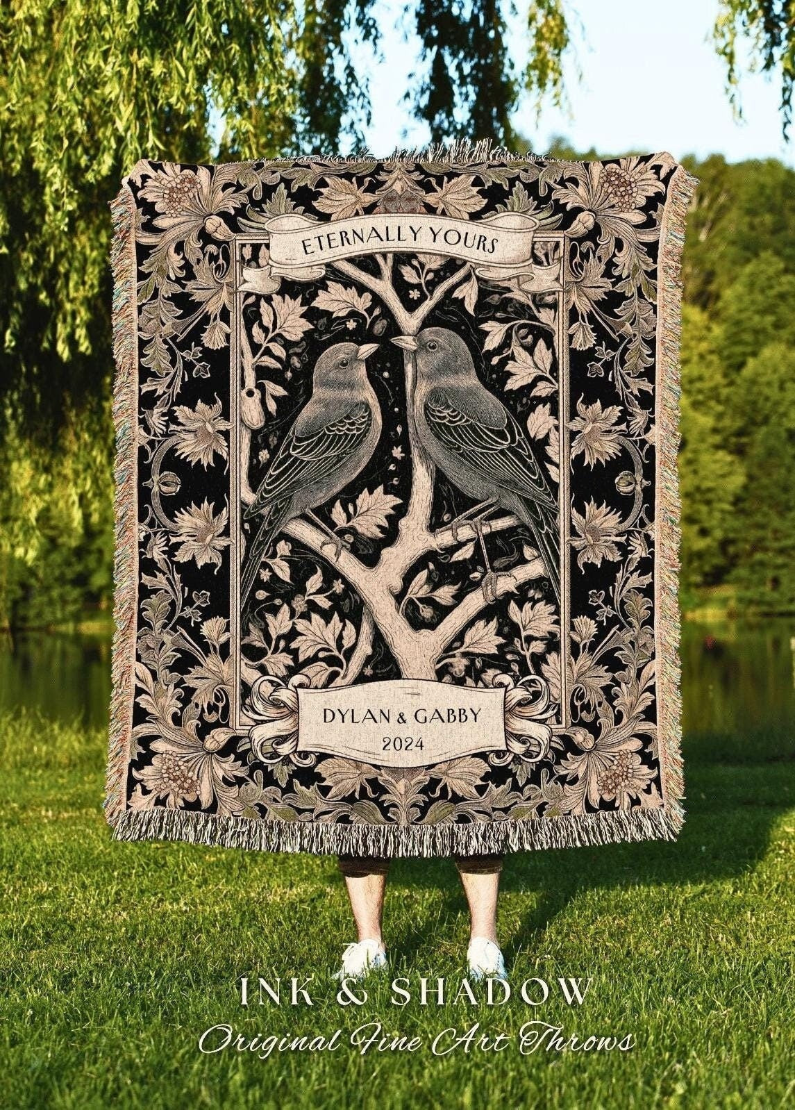 Woodland Gothic Raven Couple Blanket | Crow Core His and Hers Dark Academia Aesthetic Woven Throw Custom Name Gift Goth Tapestry Witch Decor