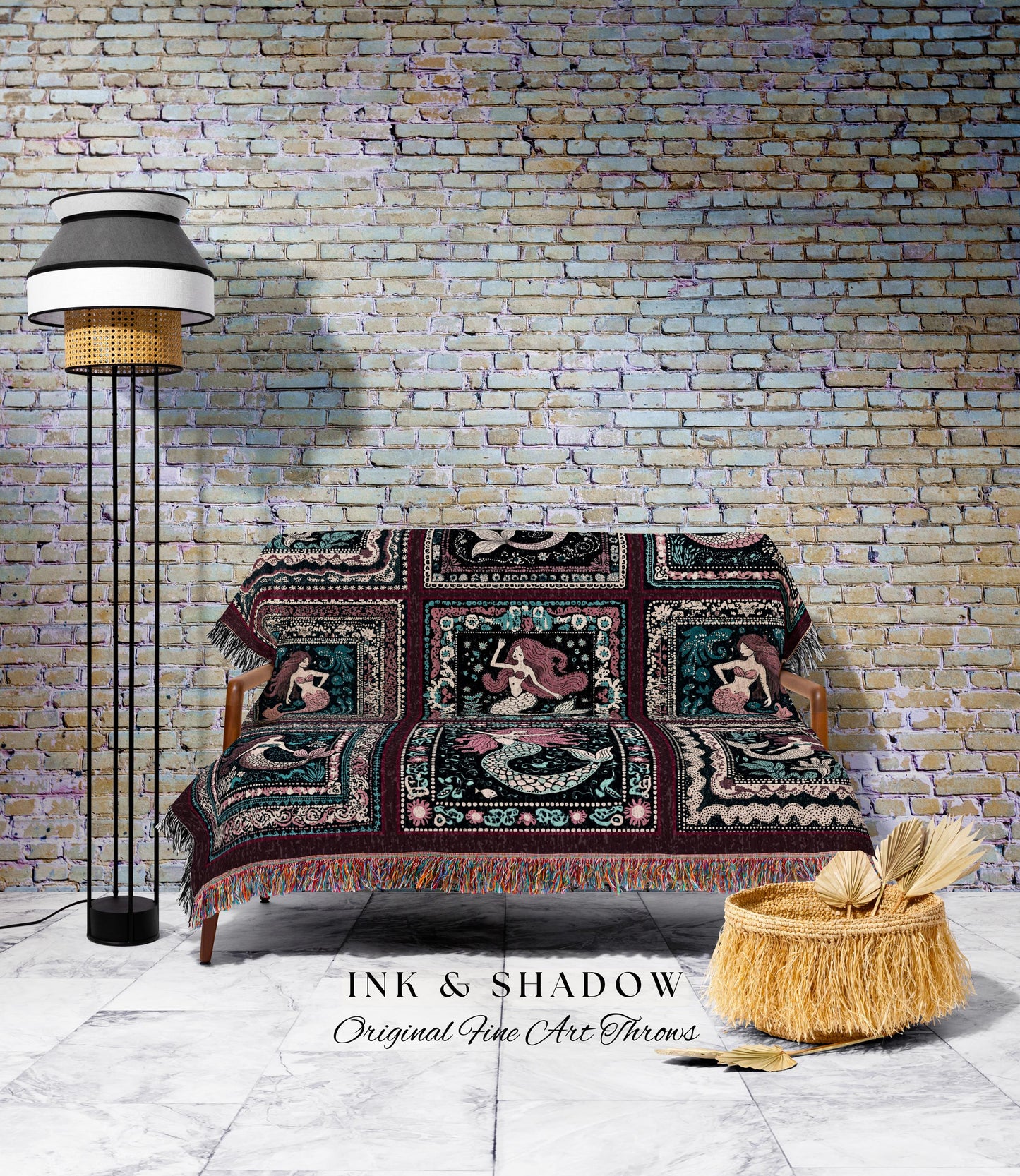 Retro Mermaid Throw Blanket Cute | Vintage Sea Queen Mystical Selkie Tapestry Woven Throw Coastal Cottagecore Aesthetic Enchanted Fantasy |