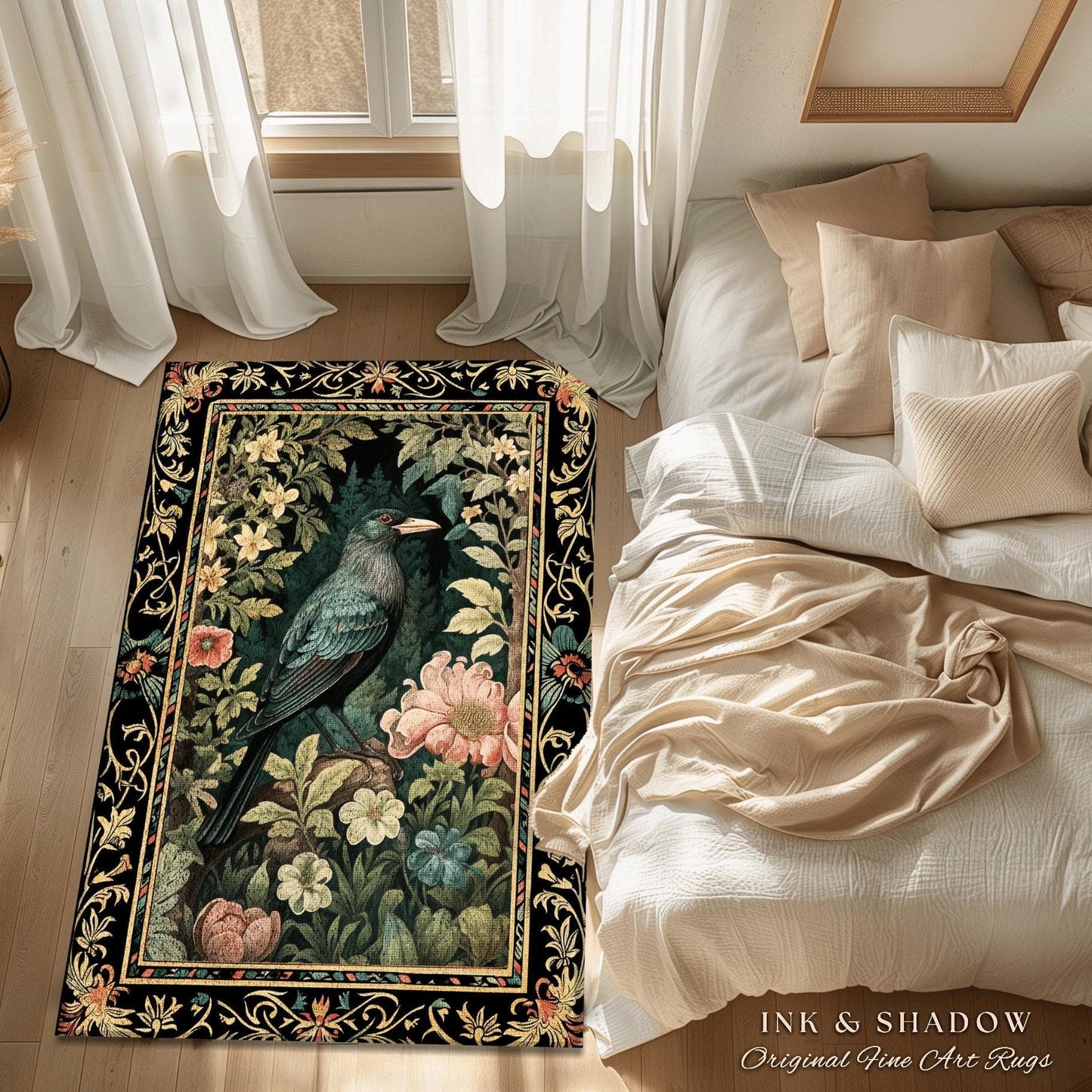 Dark Floral Raven Area Rug | Ethereal Gothic Room Decor William Morris Inspired Cottagecore Aesthetic Dark Fairycore Bedroom Crow Core Art |