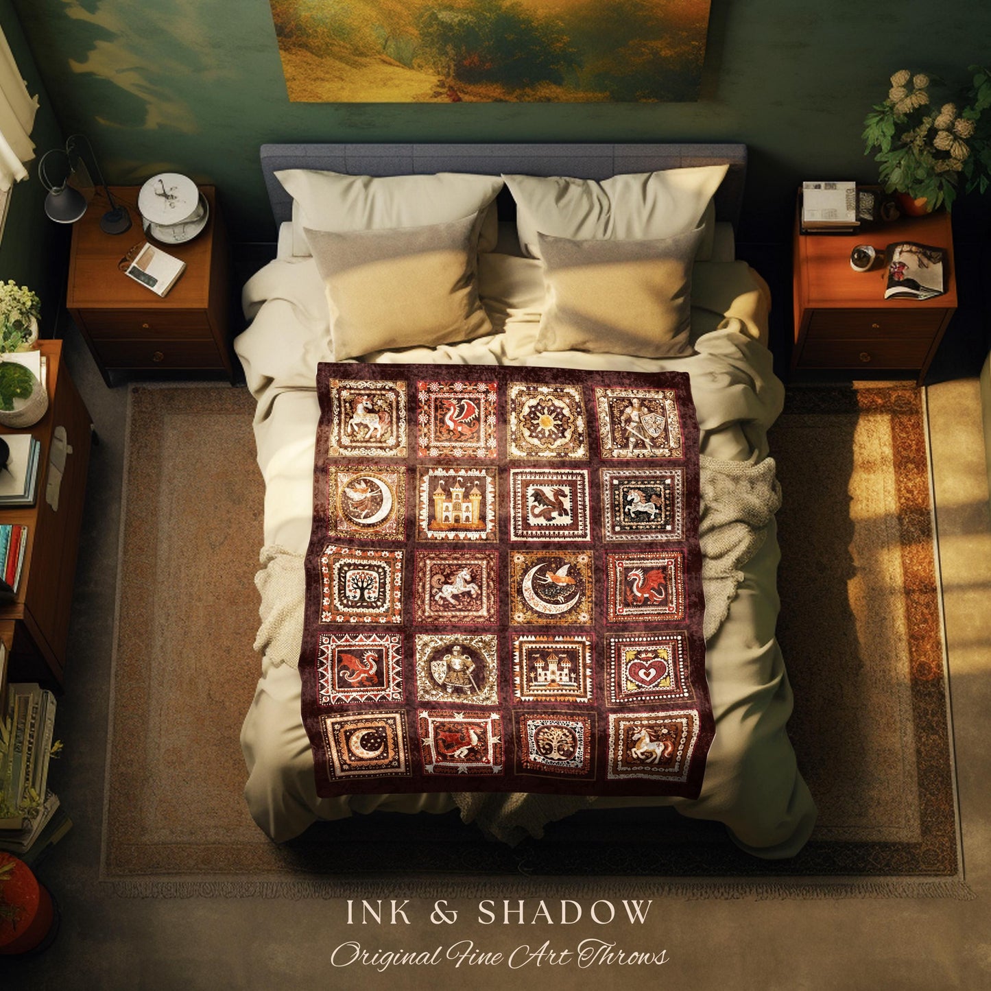 Medieval Magic Folklore Woven Coverlet Throw | Fantasy Themed Knight and Unicorn Retro Vintage Aesthetic Tapestry Cottagecore Fairytale |