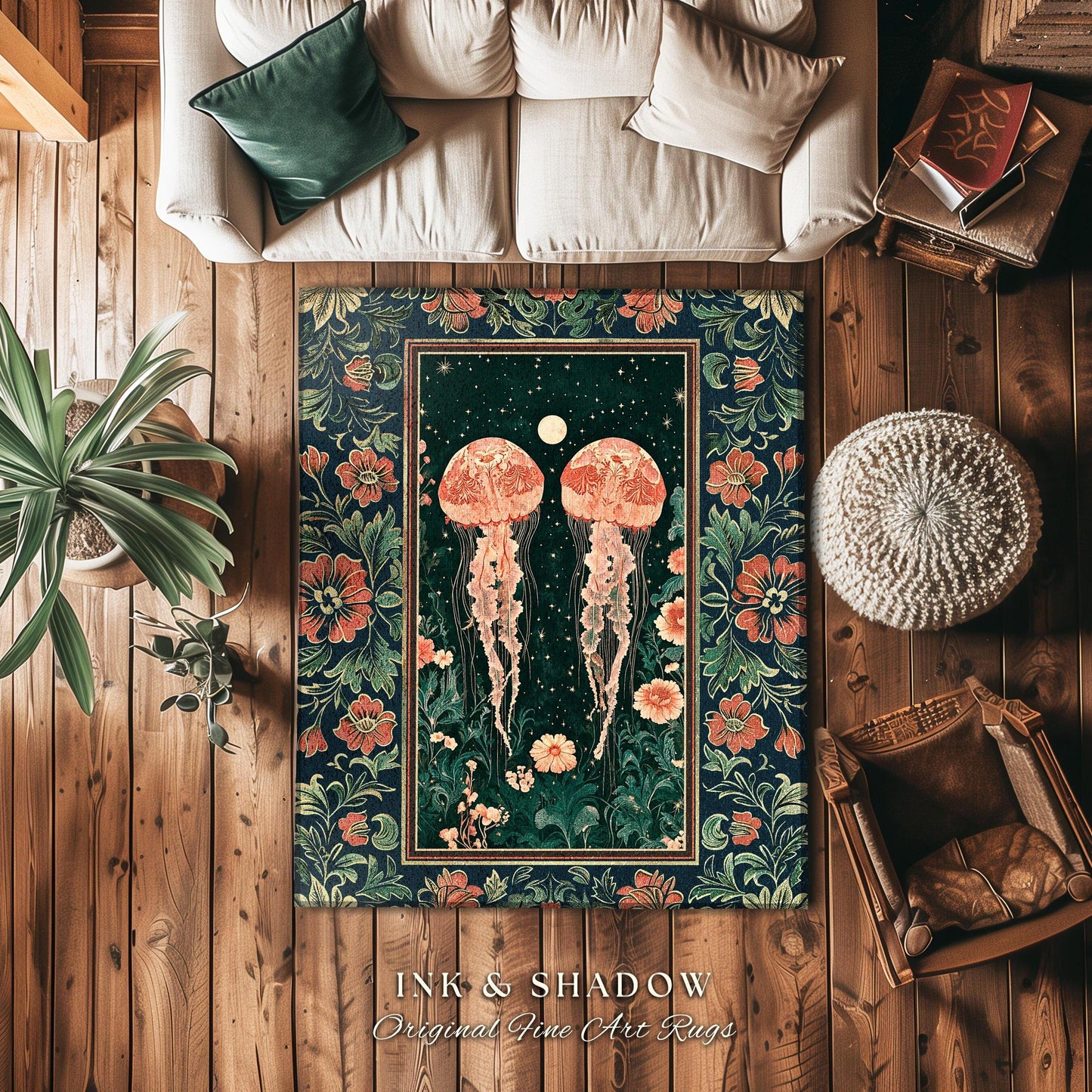Victorian Botanical Jellyfish Rug | Dark Academia Celestial Cottagecore Enchanted Whimsigothic Vintage Floral Area Rug Nautical Accent |
