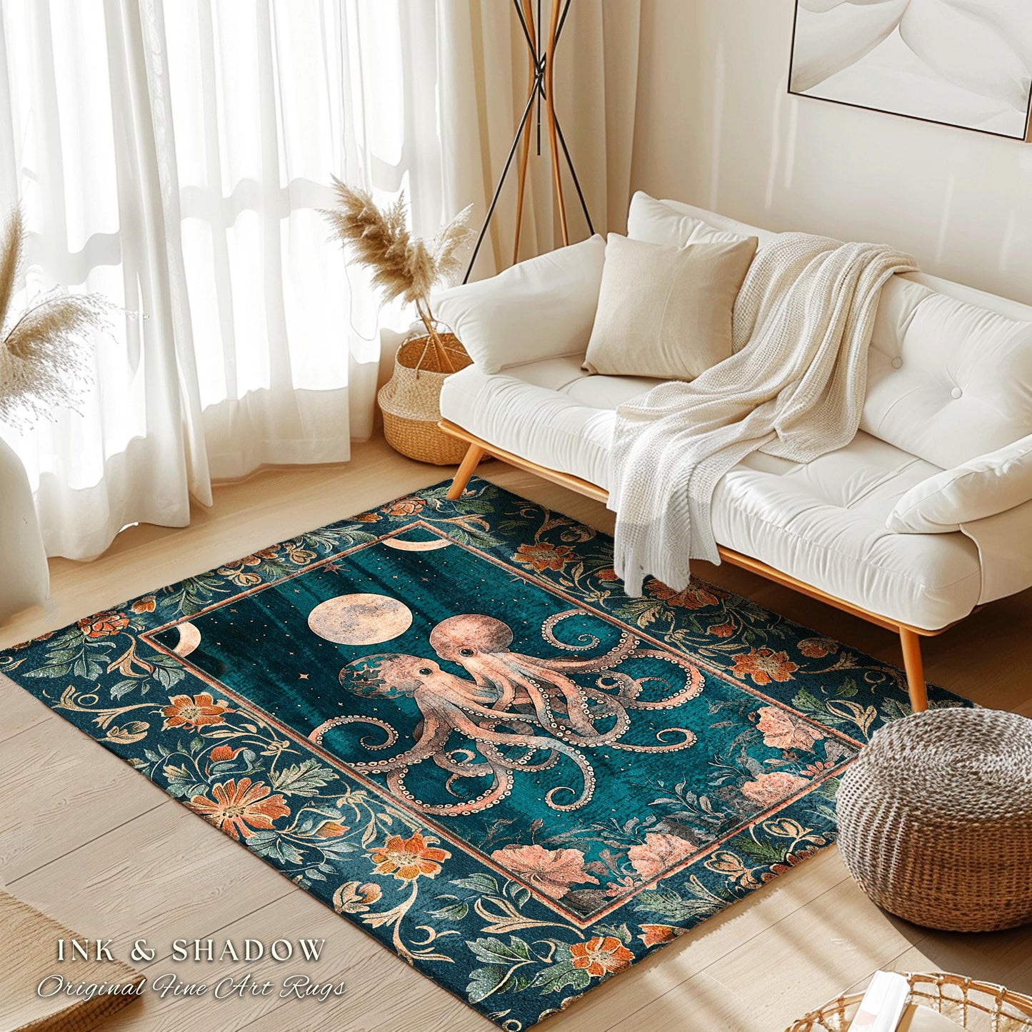 Moonlit Ocean Aesthetic Octopus Rug | Underwater Theme Ocean Aesthetic Eclectic Oddities Whimsical Area Rug Magical Ethereal Sea Life Accent