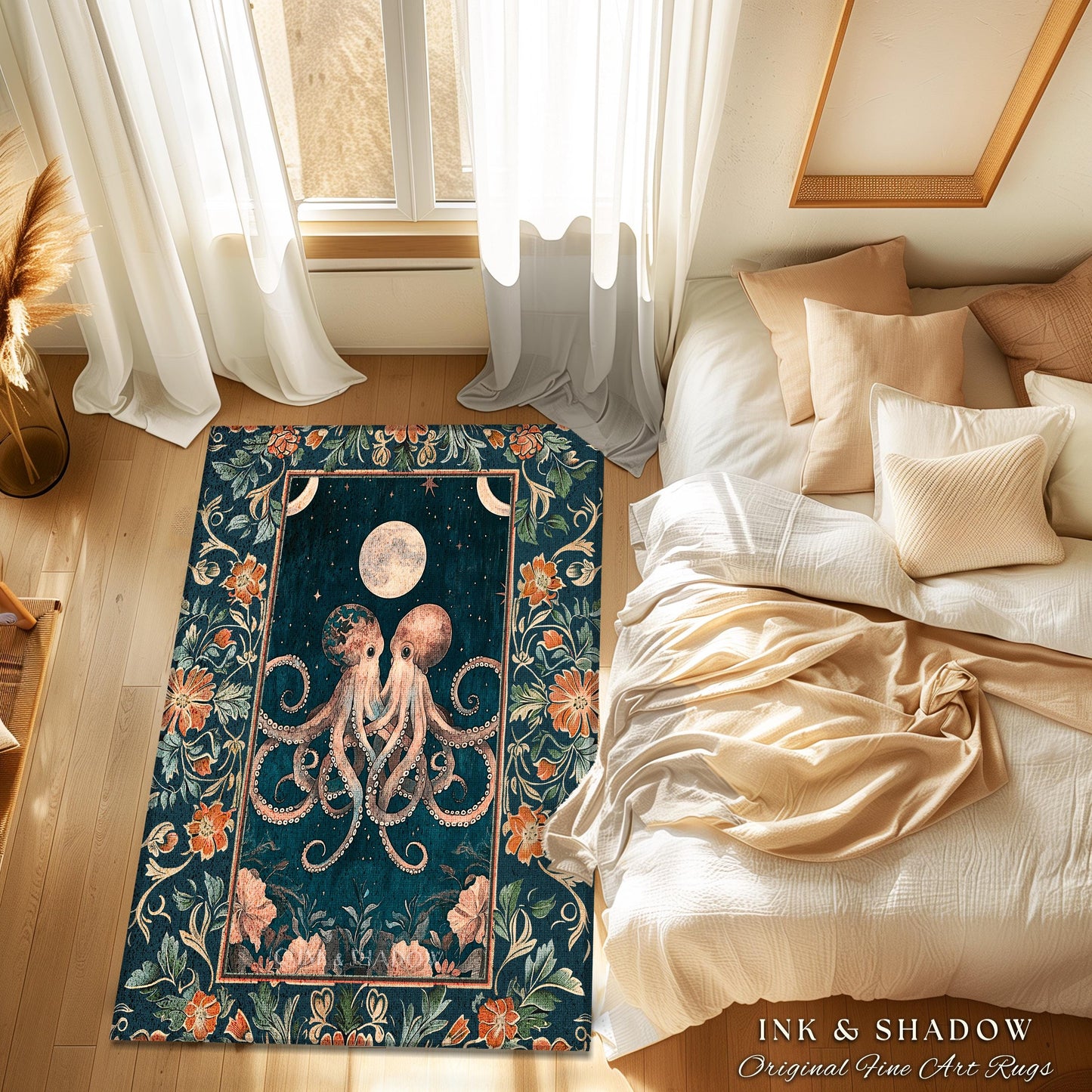 Moonlit Ocean Aesthetic Octopus Rug | Underwater Theme Ocean Aesthetic Eclectic Oddities Whimsical Area Rug Magical Ethereal Sea Life Accent