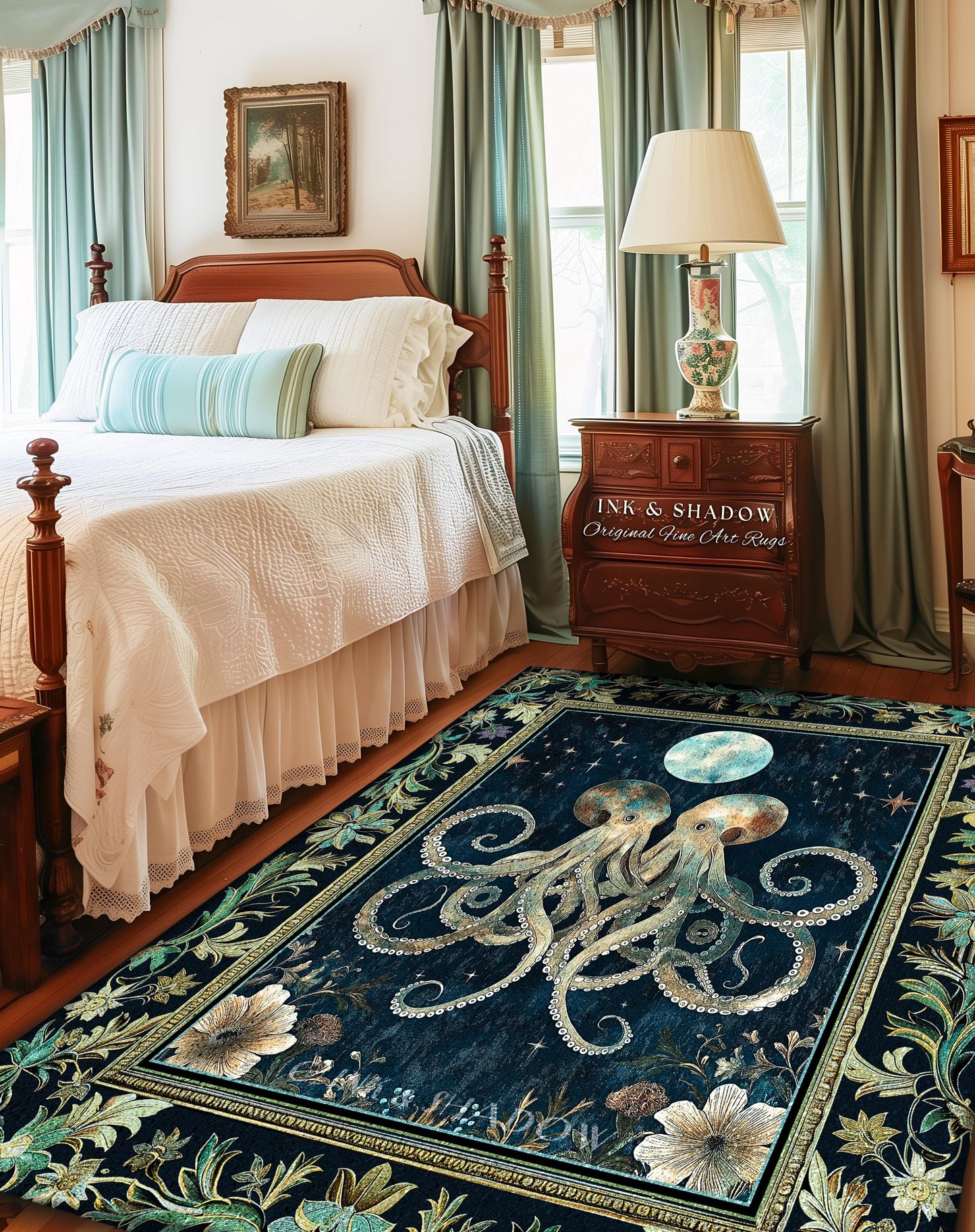 Romantic Victorian Octopus Area Rug | Ethereal Moonlit Ocean Aesthetic Underwater Eclectic Oddities Whimsical Home Accent Magical Sea Life |