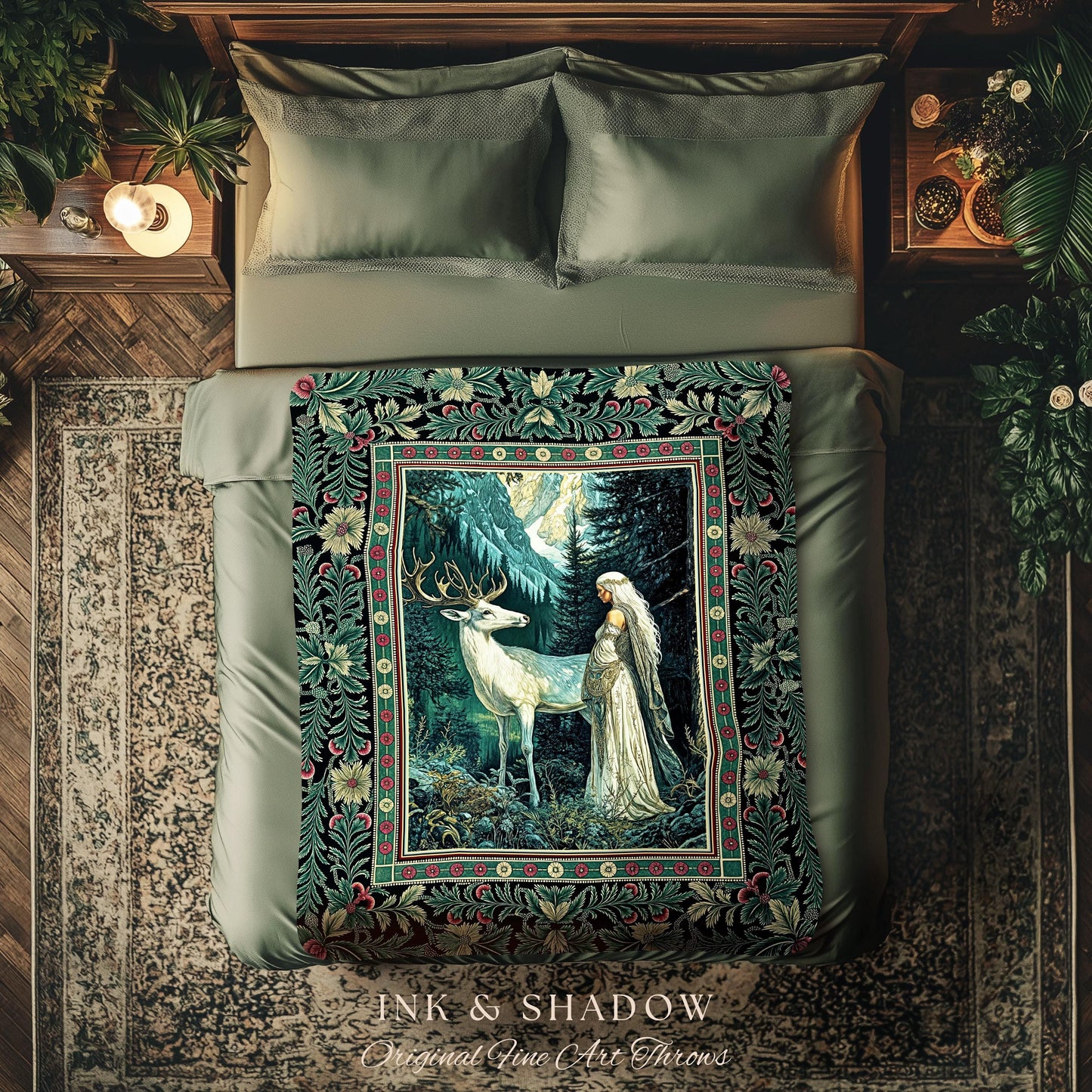 Magic Forest Princess Woven Throw Blanket | Fairytale Fantasy Renaissance Dark Academia Forest Spirit Ethereal Woodland Folklore Tapestry