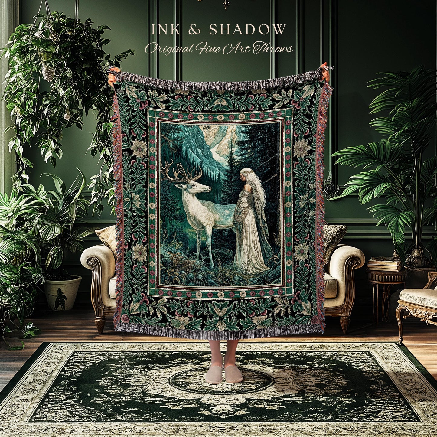 Magic Forest Princess Woven Throw Blanket | Fairytale Fantasy Renaissance Dark Academia Forest Spirit Ethereal Woodland Folklore Tapestry