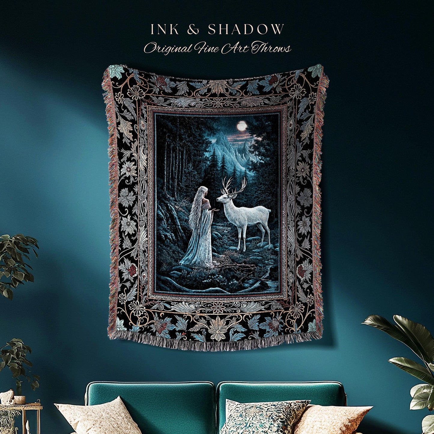 Midnight Magic Moonlit Fantasy Tapestry | Forest Goddess Spirit Animal Fairycore Ethereal Woven Blanket Folklore Inspired Nature Throw |