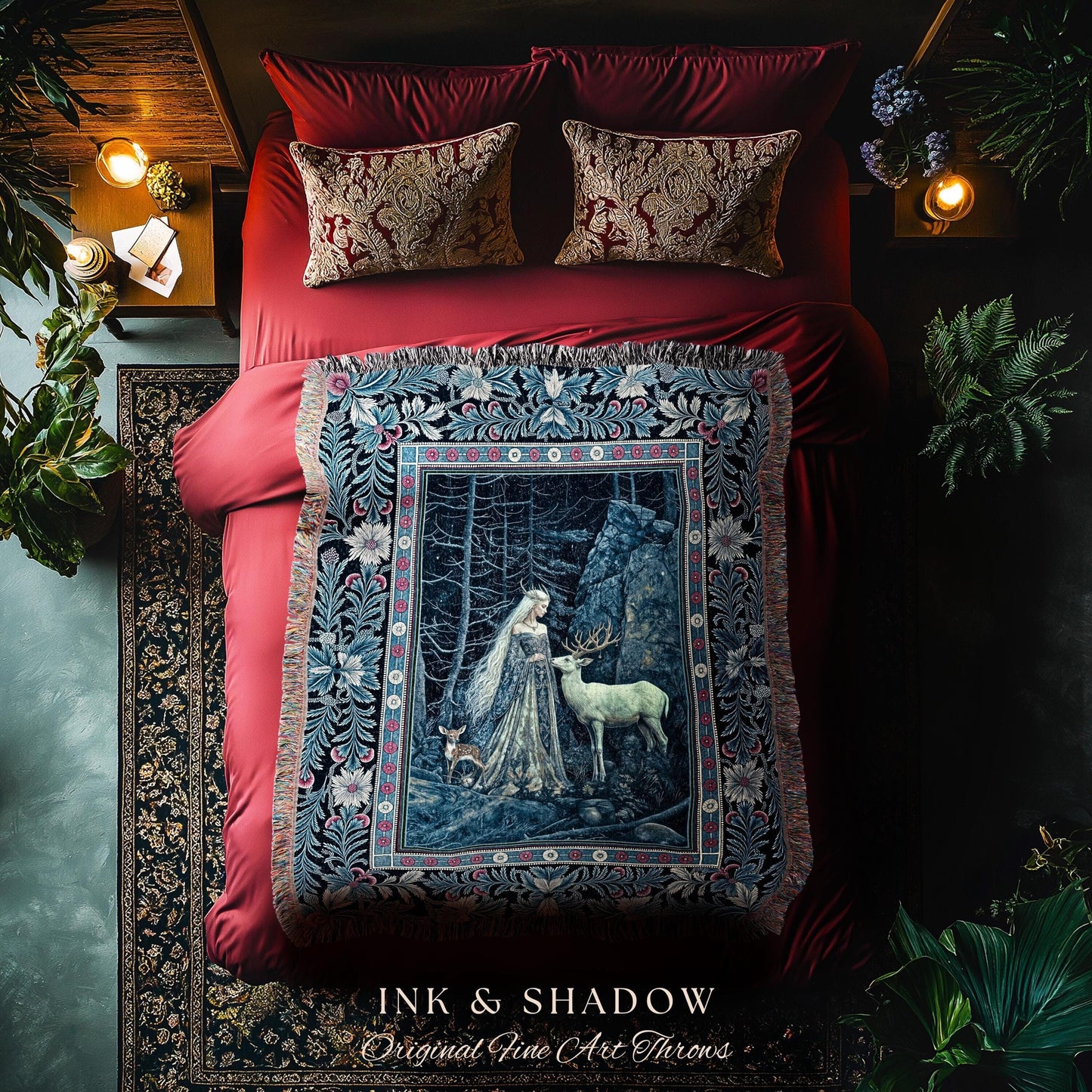 Spirit Animals Ethereal Goddess Blanket | Storybook Aesthetic Magical Forest Nymph Fantasy Tapestry Dark Victorian Woodland Throw Blanket |