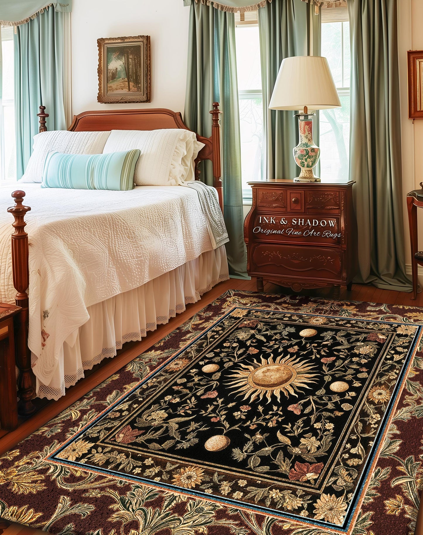 Regal Rococo Skies Celestial Area Rug | Enchanted Celestial Witchy Astrology Boho Maximalist Decor Sun and Moon Tarot Inspired Gothic Accent