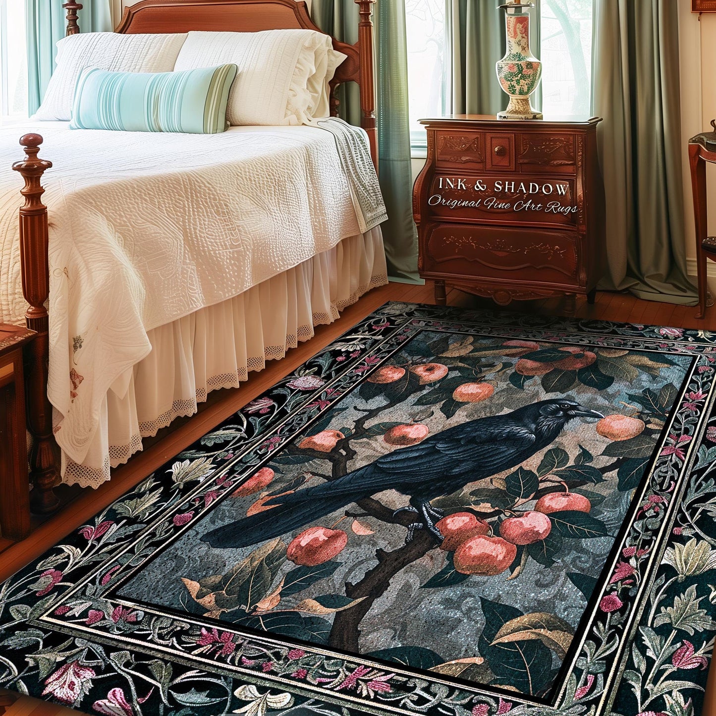 Dark Cottagecore Raven Accent Rug | Woodland Gothic Dark Maximalist Ethereal Bedroom Decor Aesthetic Botanical Room Victorian Gothic Artwork
