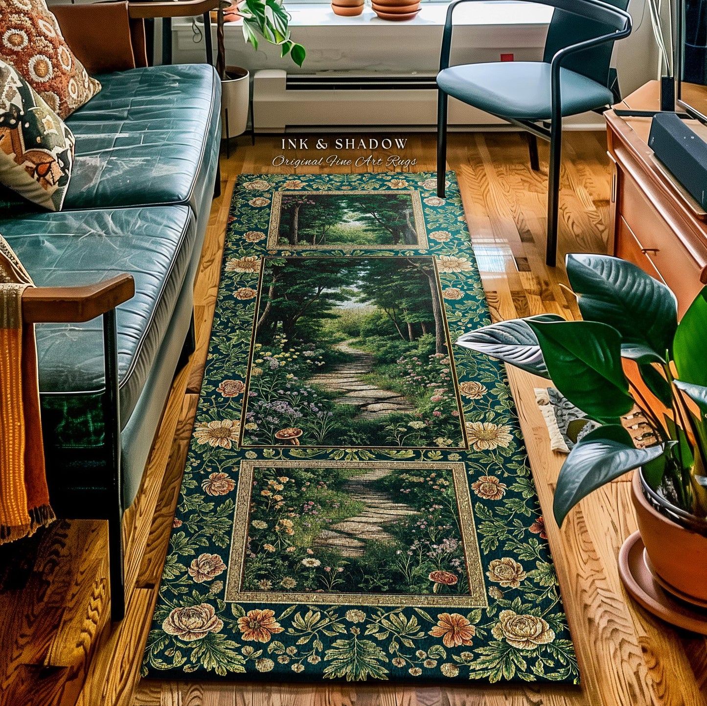 Woodland Forest Cottagecore Kitchen Rug | Fairycore Aesthetic Magical Woodland Entryway Emerald Green Home Decor Whimsigothic Floor Mat Long