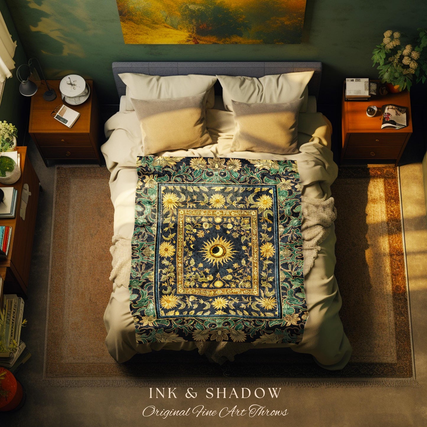 Earthy Spiritual Sun Woven Tapestry | Hippie Gothic Botanical Ethereal Mystic Bedroom Blanket Whimsical Celestial Tarot Aesthetic Astrology