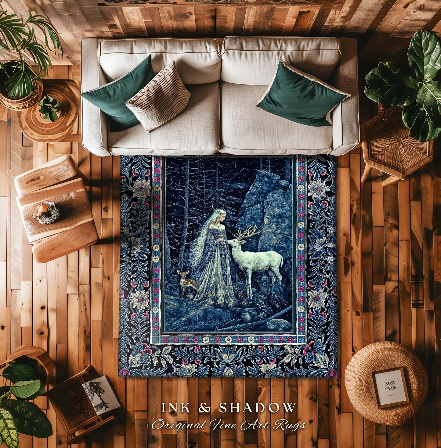 Spirit Animals Ethereal Goddess Rug | Storybook Aesthetic Magical Forest Nymph Fantasy Accent Rug Dark Victorian Woodland Floor Mystic Deer