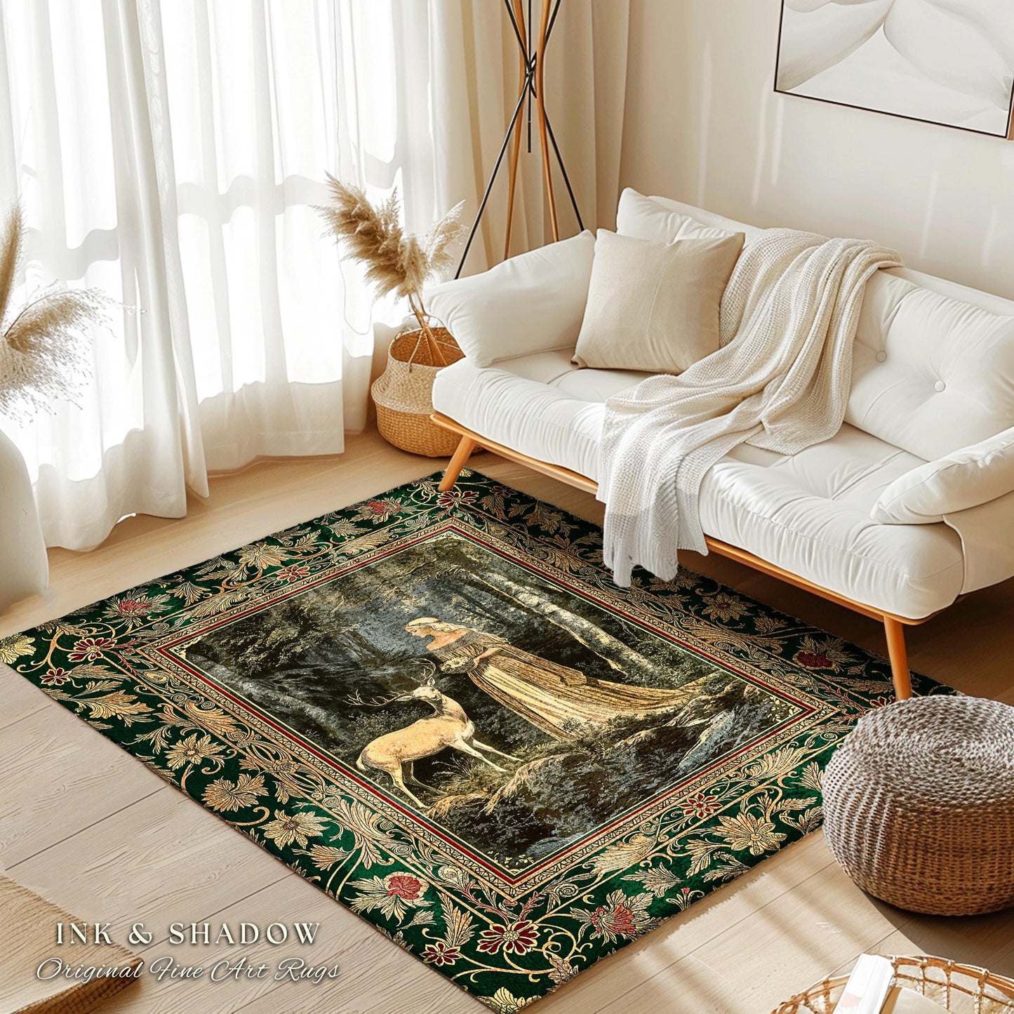 Nature Spirits Ethereal Accent Rug | Royal Medieval Folklore inspired Woodland Landscape Area Rug Fantasy Bedroom Dark Forest Deer Mystic |