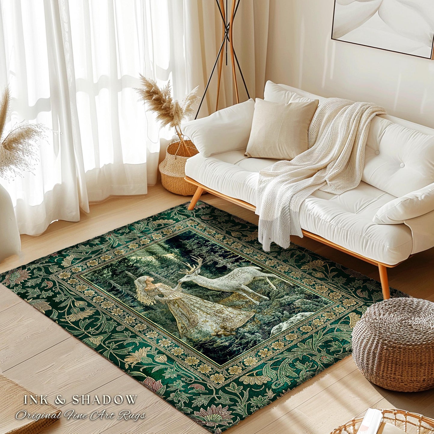 Botanical Folklore Ethereal Area Rug | Forest Elegance Mother Earth Rug Fantasy Decor Dark Green Bedroom Accent Dark Fairycore Romantic Art