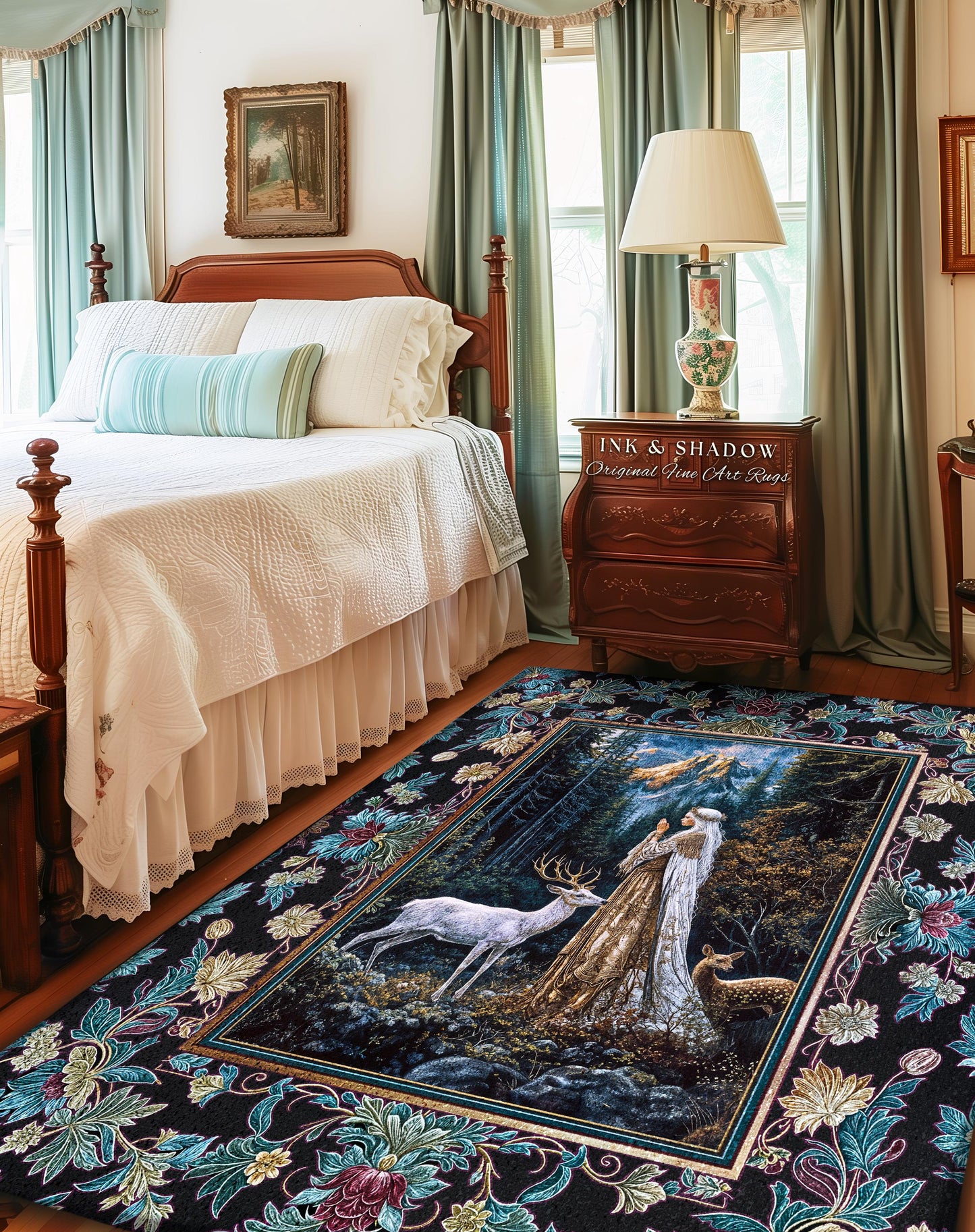 Magical Forest Fantasy Accent Rug | Ancient Druid Area Rug Woodland Spirit Animal Fairytale Decor Ethereal Bedroom Folklore Deer Artwork |