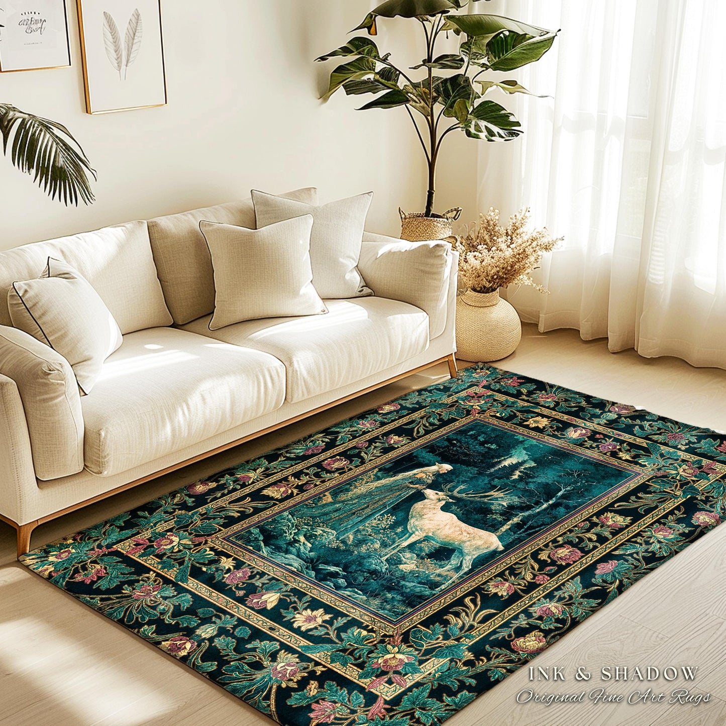 Moody Magic Forest Spirits Accent Rug | Dark Nature Renaissance Botanical Cottagecore Medieval Folklore Inspired Fantasy Deer Area Rug |