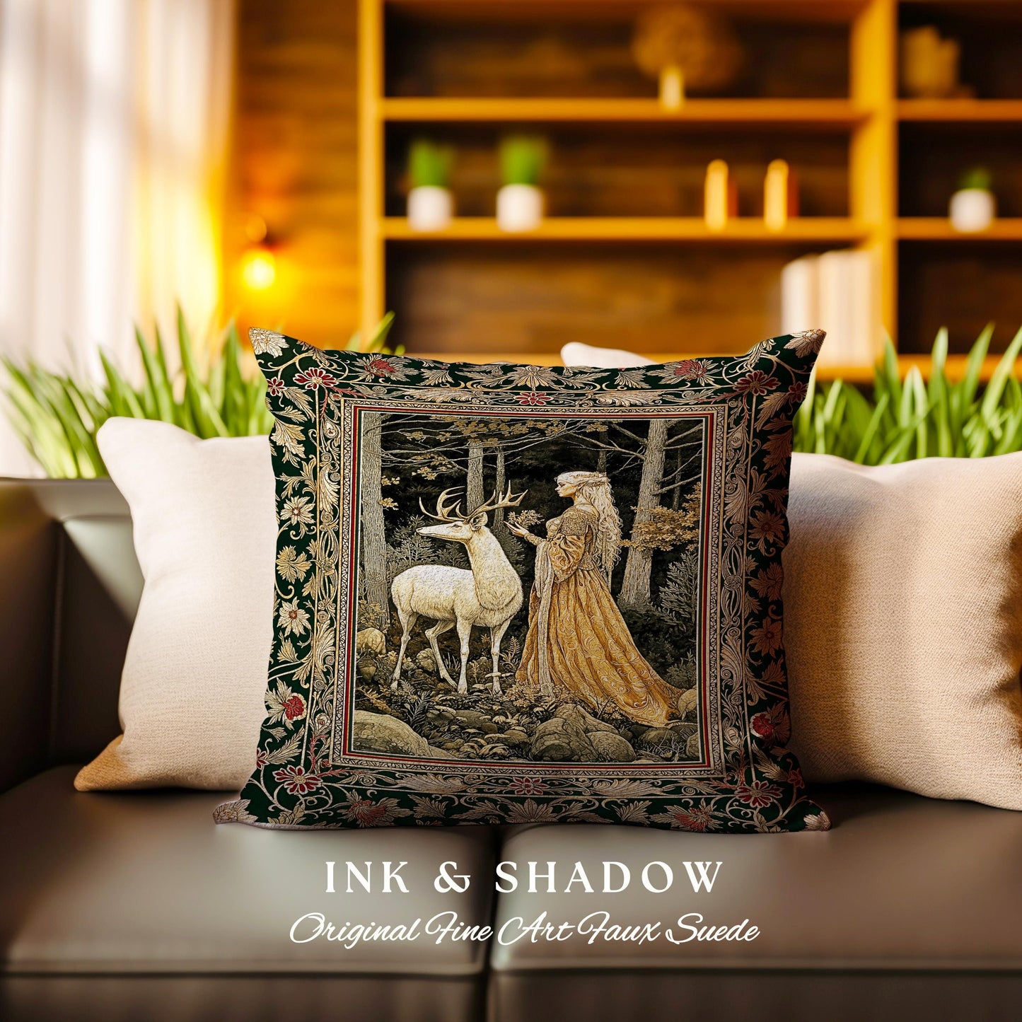 Elven Princess Mystic Woodland Pillow | Forest Nymph Renaissance Aesthetic Fairycore Tapestry Cushion Magic Gothic Woods Ethereal Victorian