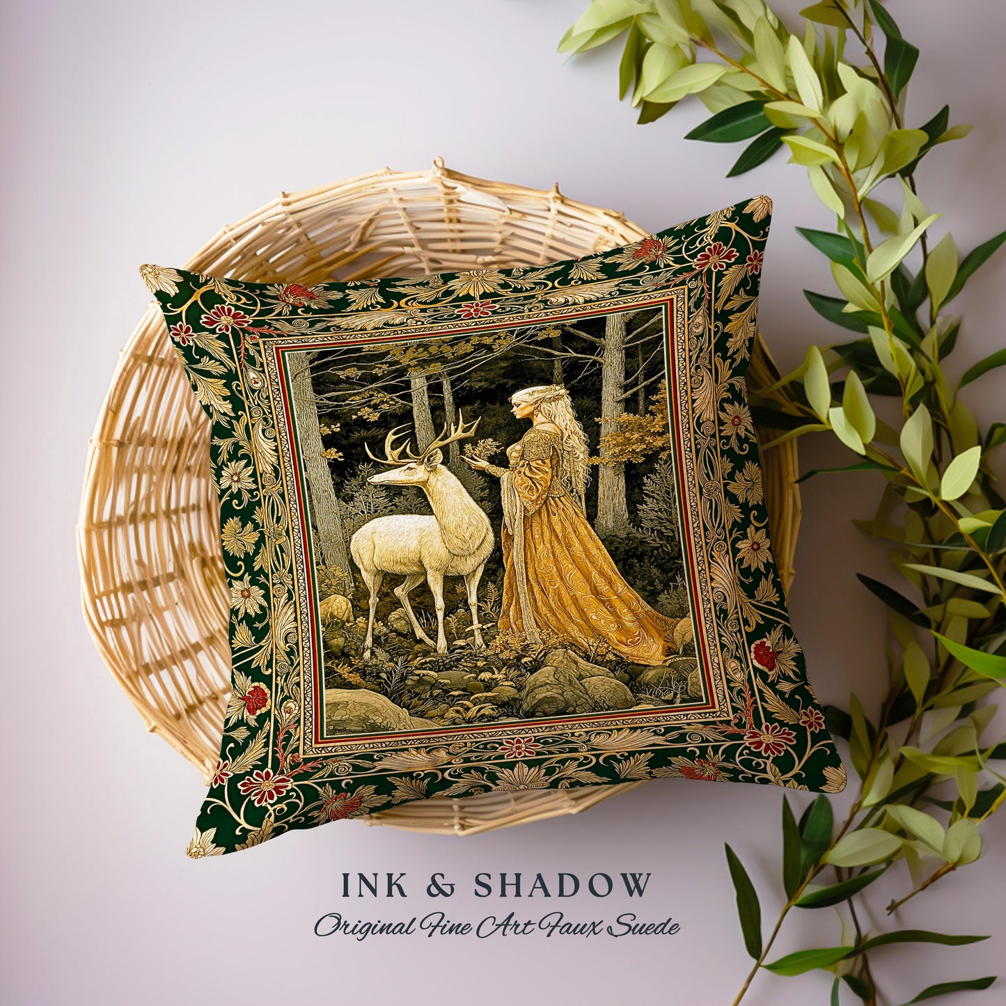 Elven Princess Mystic Woodland Pillow | Forest Nymph Renaissance Aesthetic Fairycore Tapestry Cushion Magic Gothic Woods Ethereal Victorian