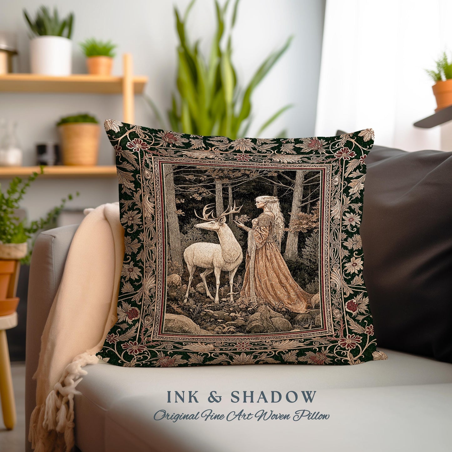 Elven Princess Mystic Woodland Pillow | Forest Nymph Renaissance Aesthetic Fairycore Tapestry Cushion Magic Gothic Woods Ethereal Victorian