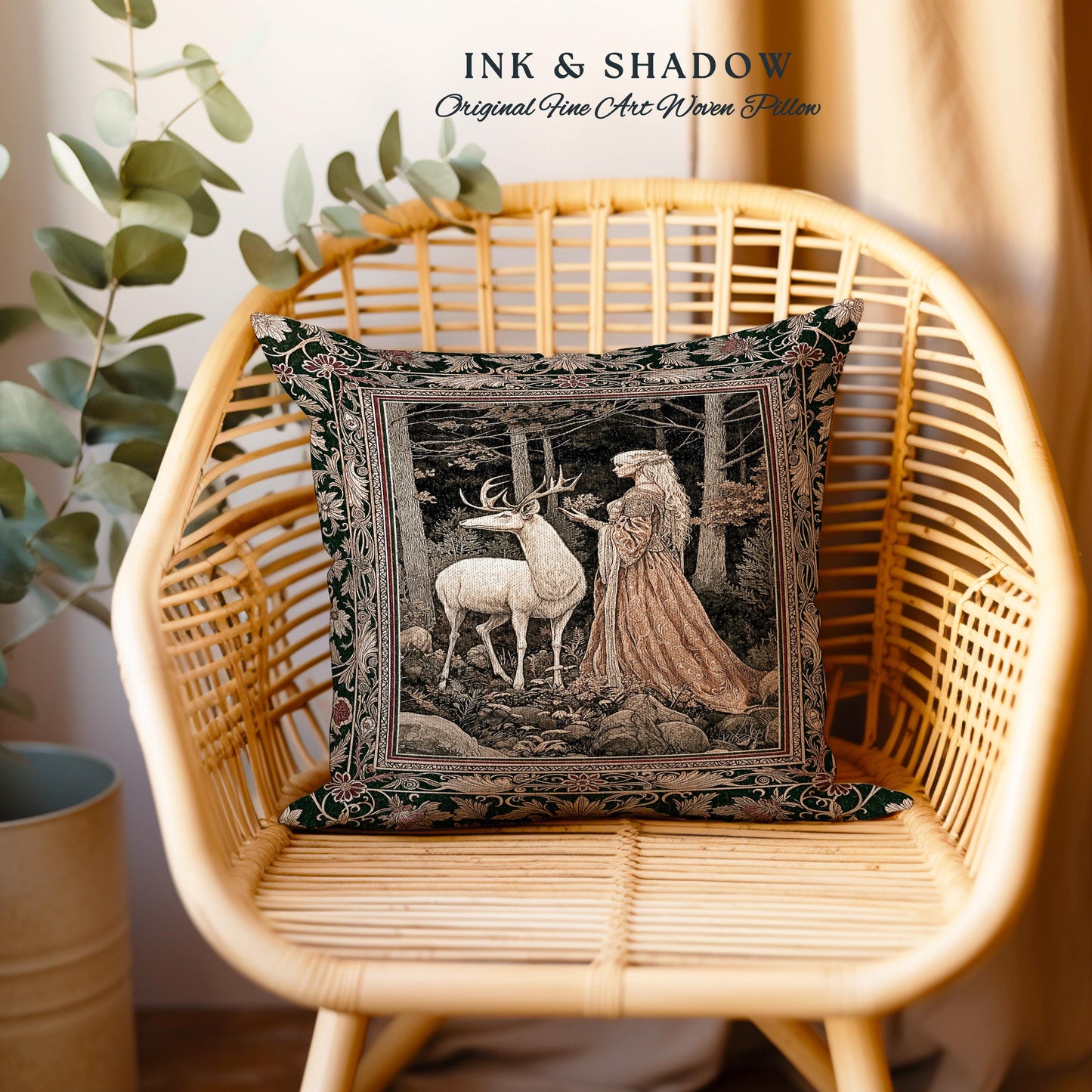 Elven Princess Mystic Woodland Pillow | Forest Nymph Renaissance Aesthetic Fairycore Tapestry Cushion Magic Gothic Woods Ethereal Victorian