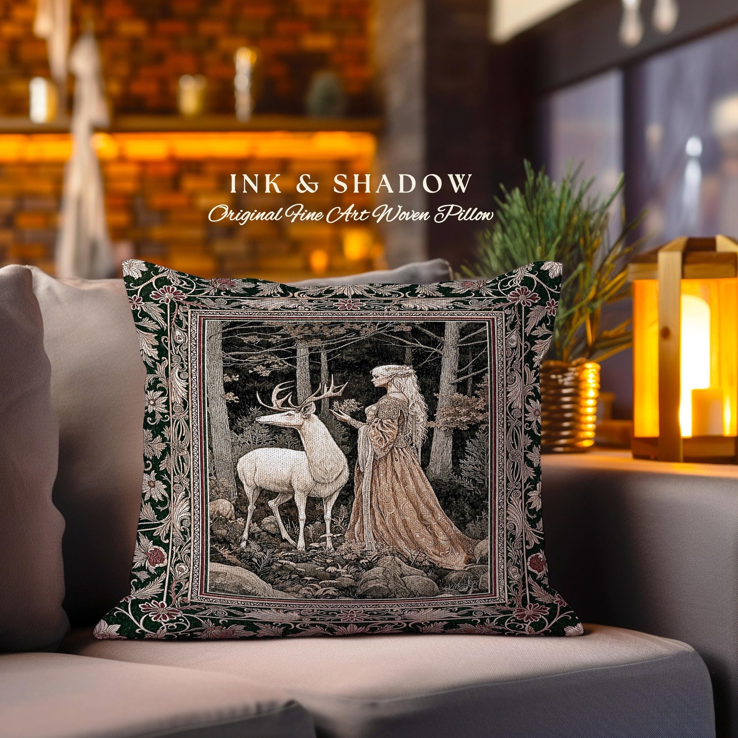 Elven Princess Mystic Woodland Pillow | Forest Nymph Renaissance Aesthetic Fairycore Tapestry Cushion Magic Gothic Woods Ethereal Victorian