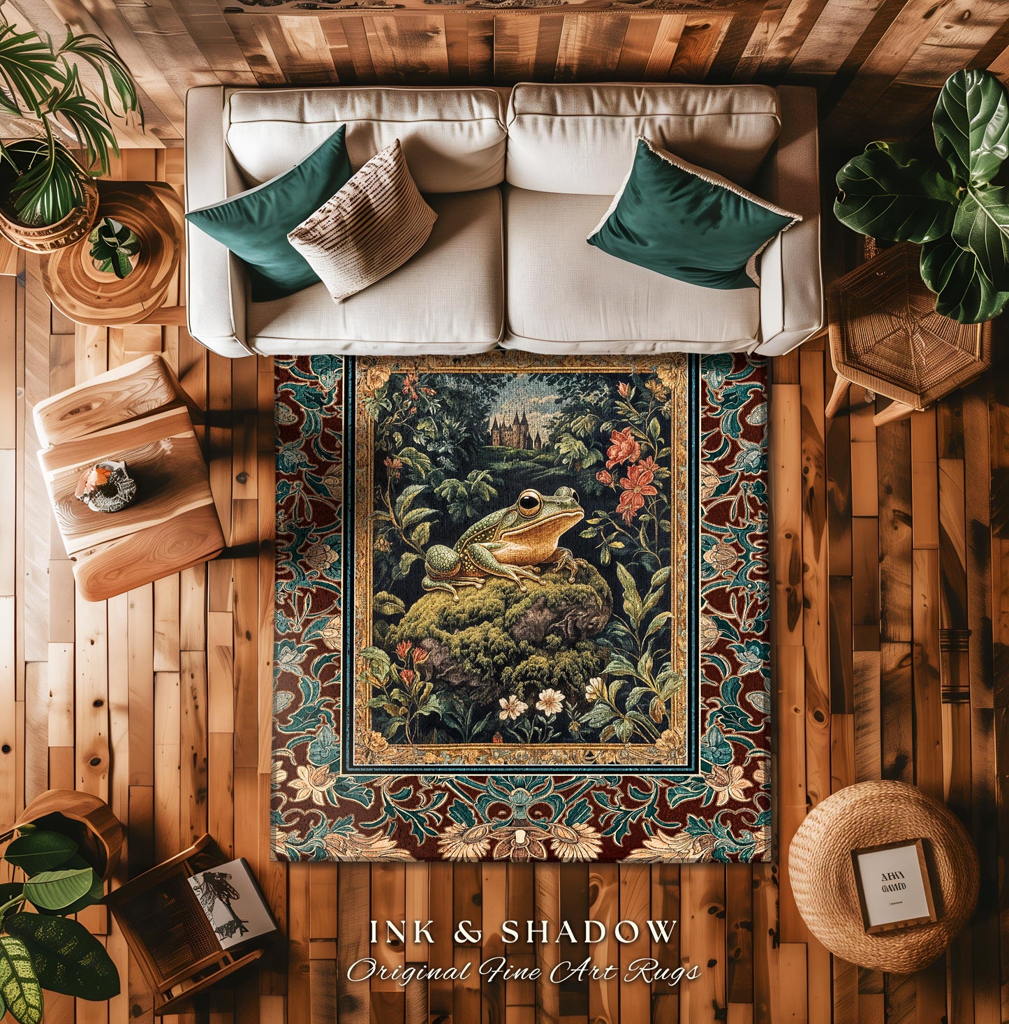 Storybook Aesthetic Frog Accent Rug | Bohemian Living Room Floral Ornate Dark Victorian Cottagecore Toad Area Rug Whimsical Eclectic Home |