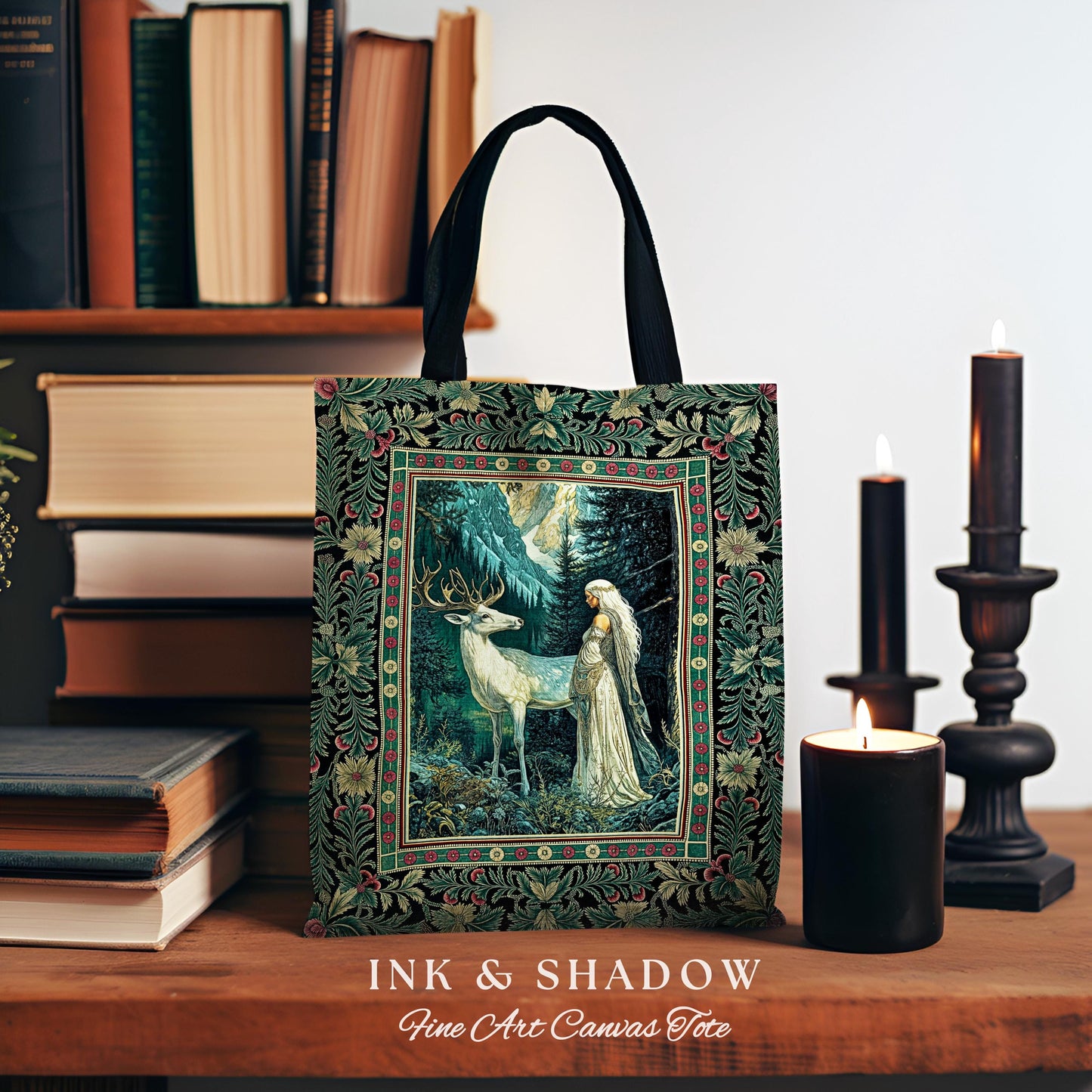 Magic Forest Princess Woven Tote Bag | Fairytale Fantasy Renaissance Dark Academia Forest Spirit Ethereal Woodland Folklore Tapestry Bag |