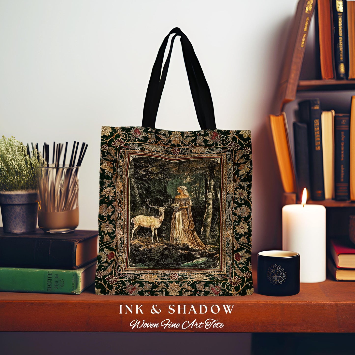Nature Spirits Ethereal Woven Tote | Royal Medieval Folklore inspired Woodland Landscape Fantasy Tapestry Tote Everyday Bag Dark Forest Deer
