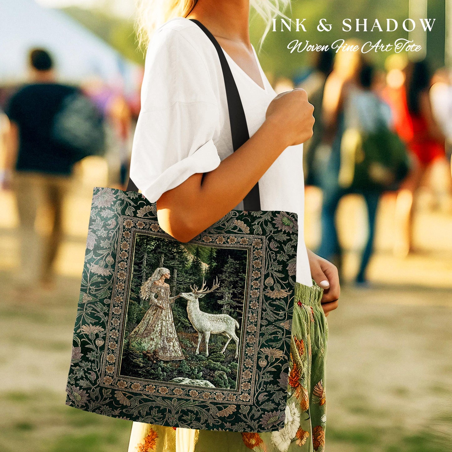 Botanical Folklore Ethereal Woven Tote | Forest Elegance Mother Earth Tapestry Bag Fantasy Dark Green Aesthetic Dark Fairycore Deer Romantic
