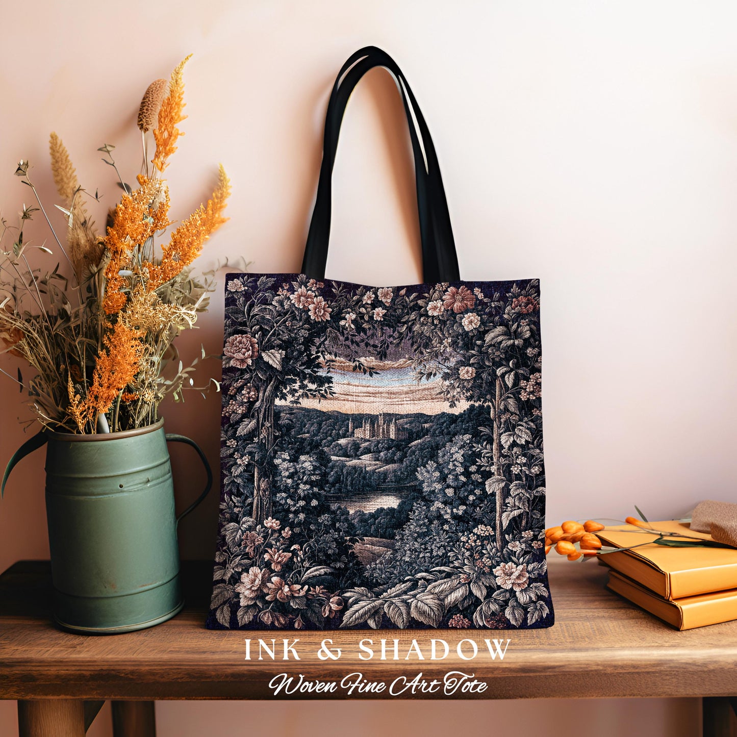 Pastel Fairy Aesthetic Tapestry Bag | Ethereal Woodland Royalcore Rosy Woven Tote Bedroom Botanical Landscape Medieval Princess Rustic Style