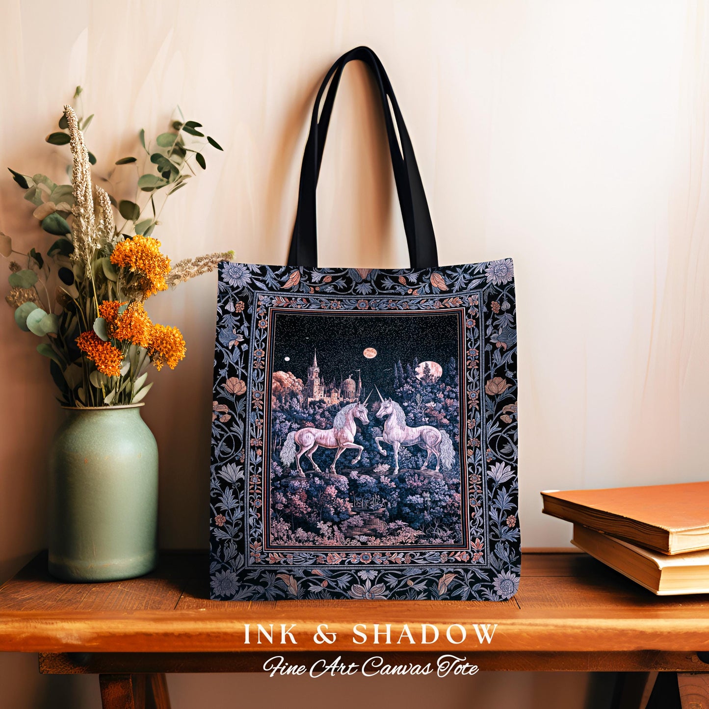 Moody Moonlit Unicorn Woven Tote | Elegant Medieval Florals Lavender Purple Whimsical Folklore Woven Tapestry Bag Fairytale Witchy Style |