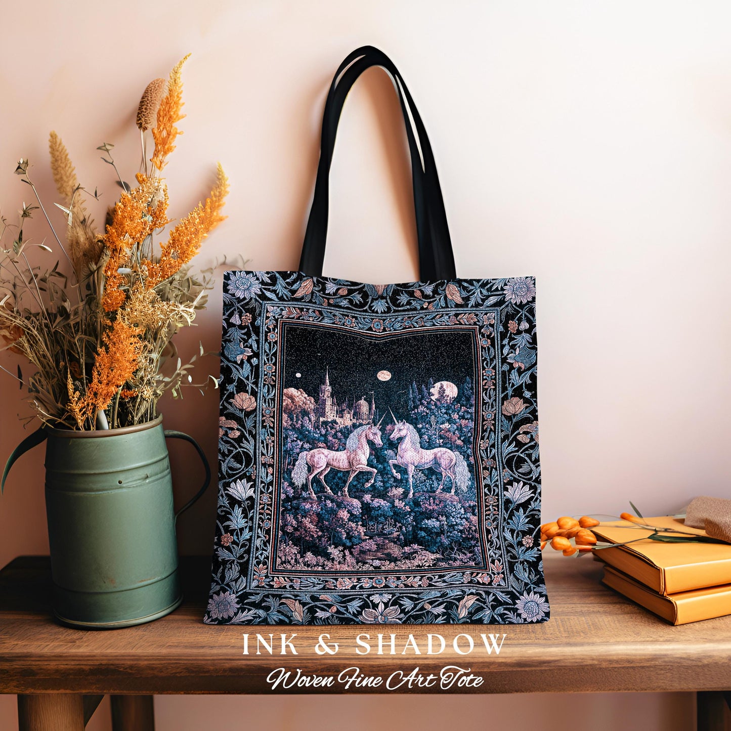 Moody Moonlit Unicorn Woven Tote | Elegant Medieval Florals Lavender Purple Whimsical Folklore Woven Tapestry Bag Fairytale Witchy Style |